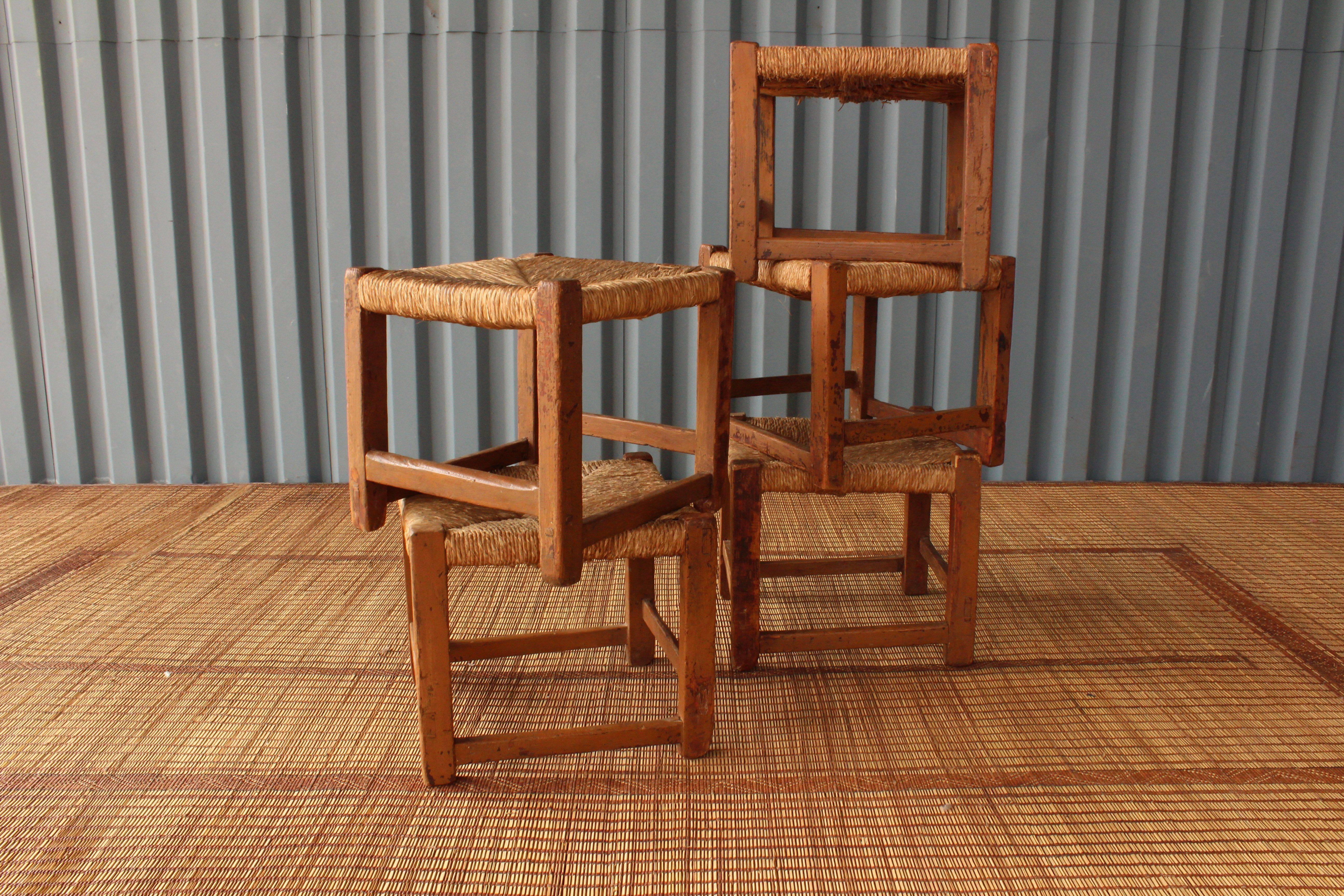 Mid-20th Century Vintage Wood Stools with Woven Rush Seats