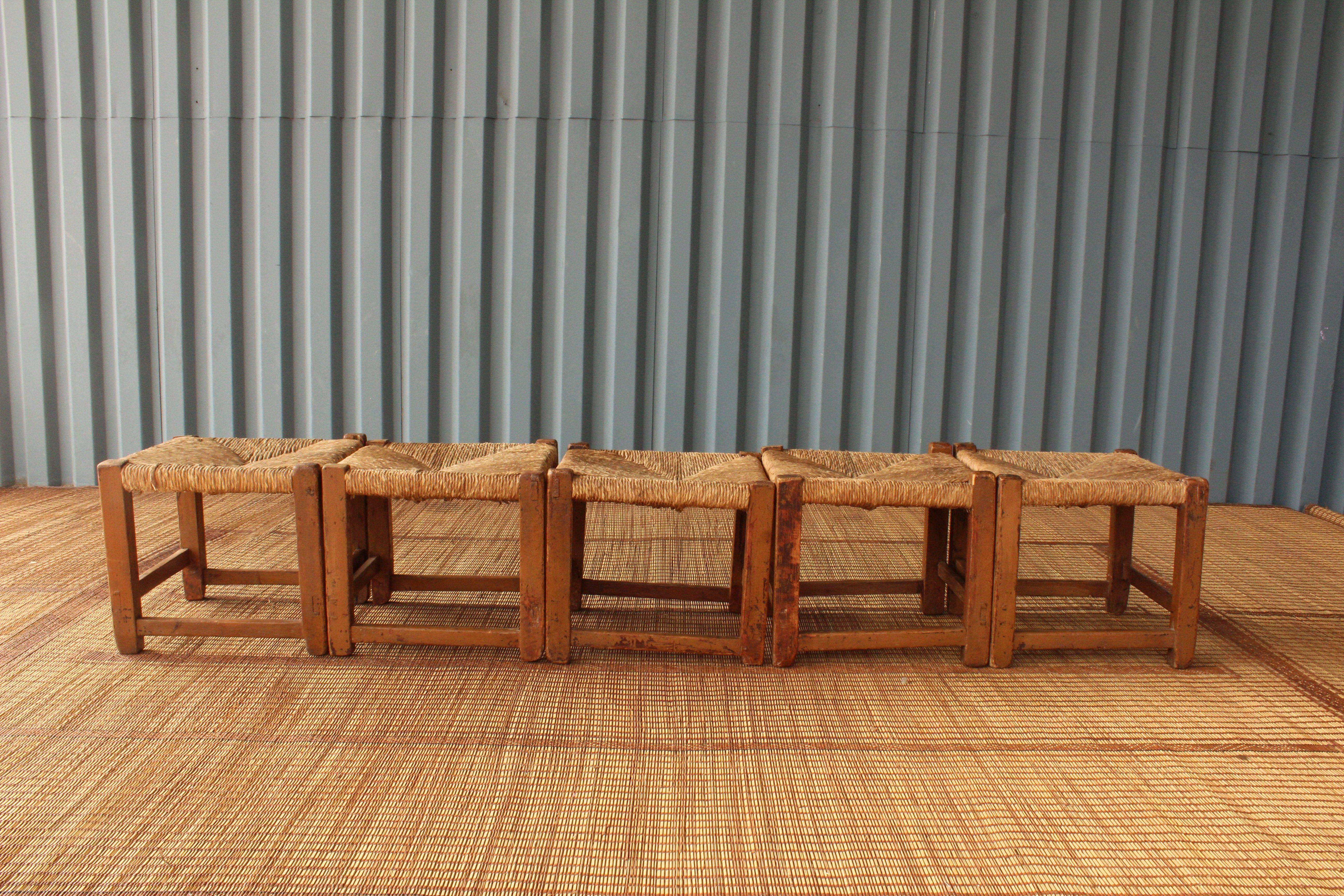 Vintage Wood Stools with Woven Rush Seats 1