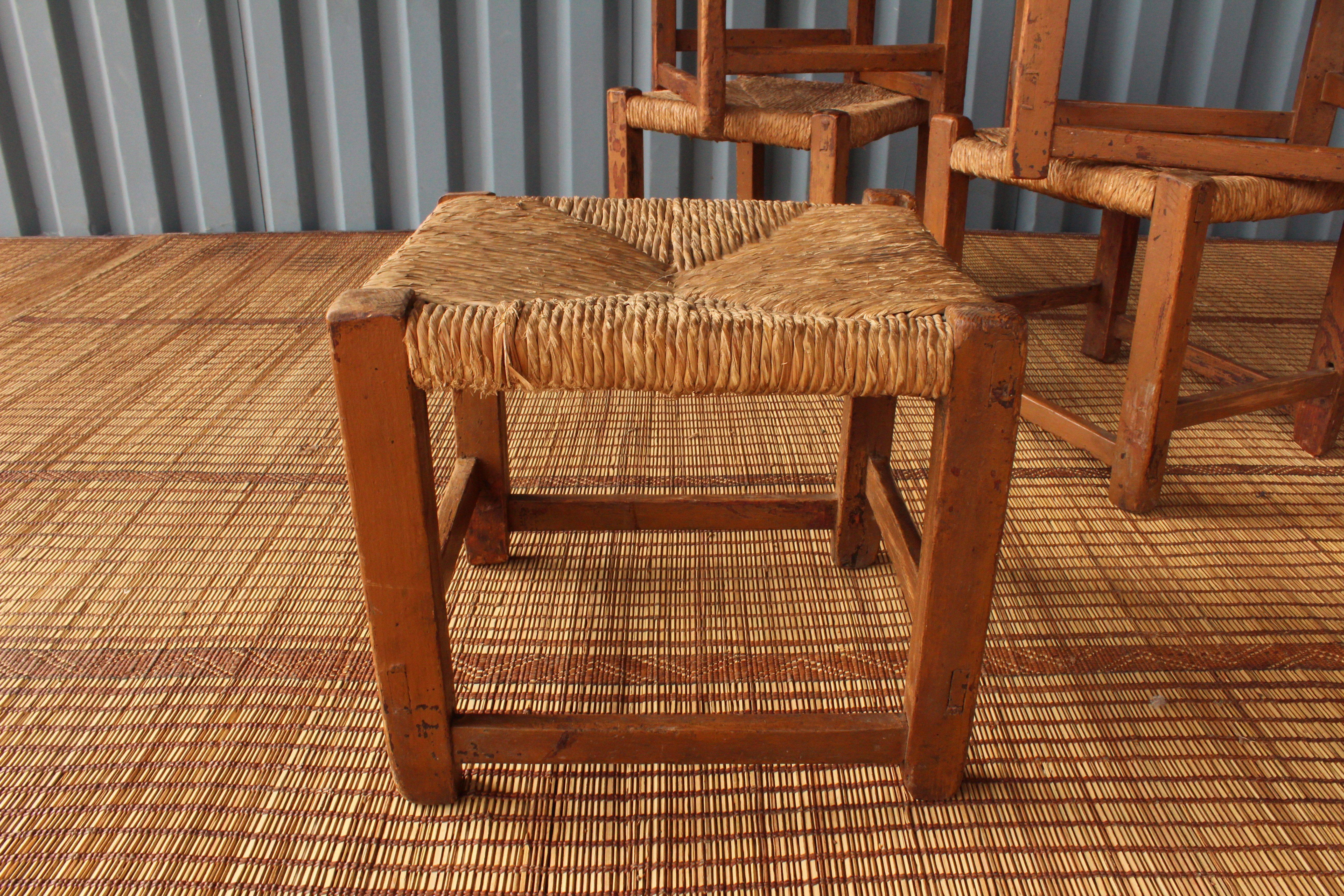 Vintage Wood Stools with Woven Rush Seats 3