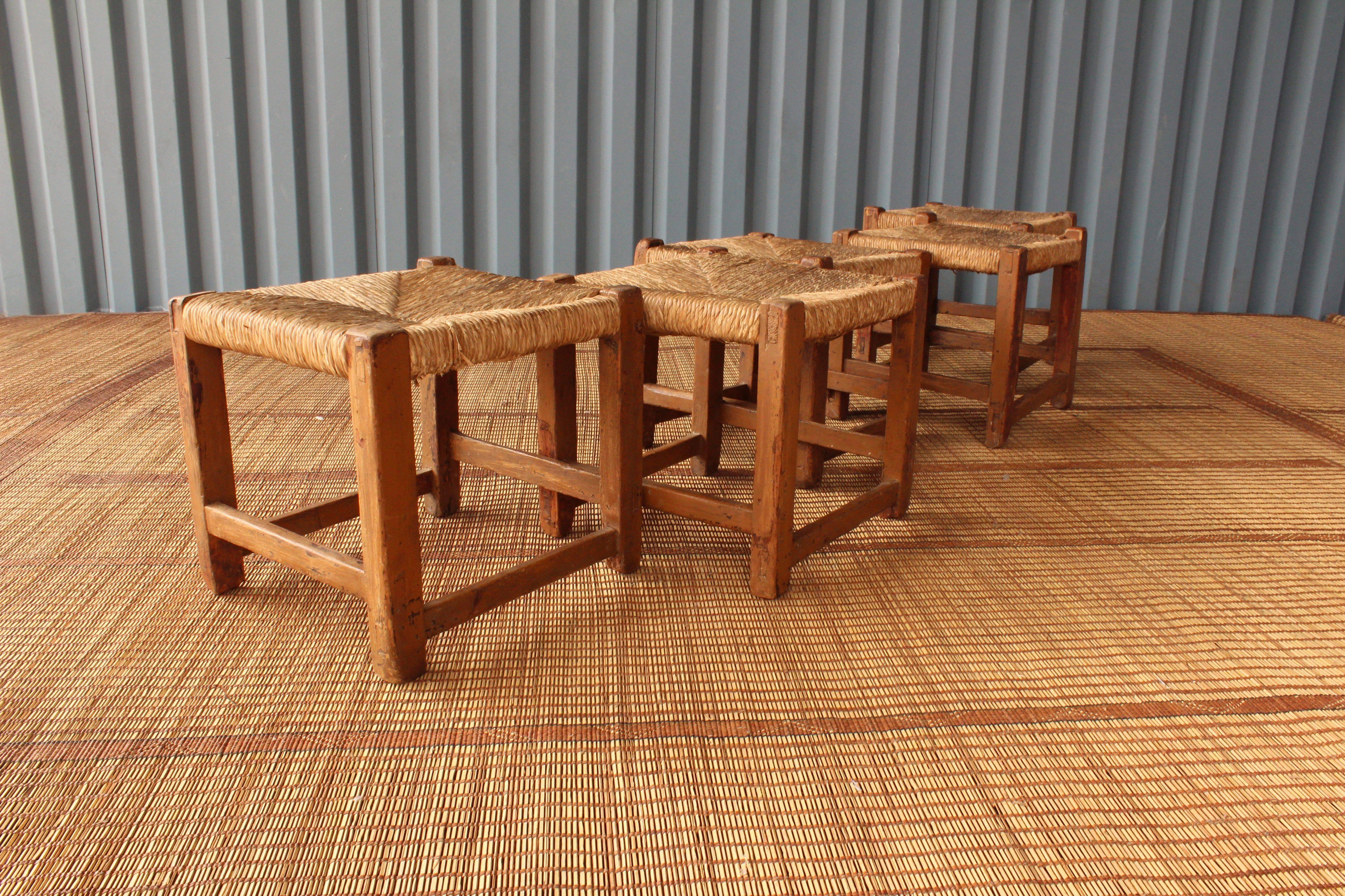 Vintage Wood Stools with Woven Rush Seats 4