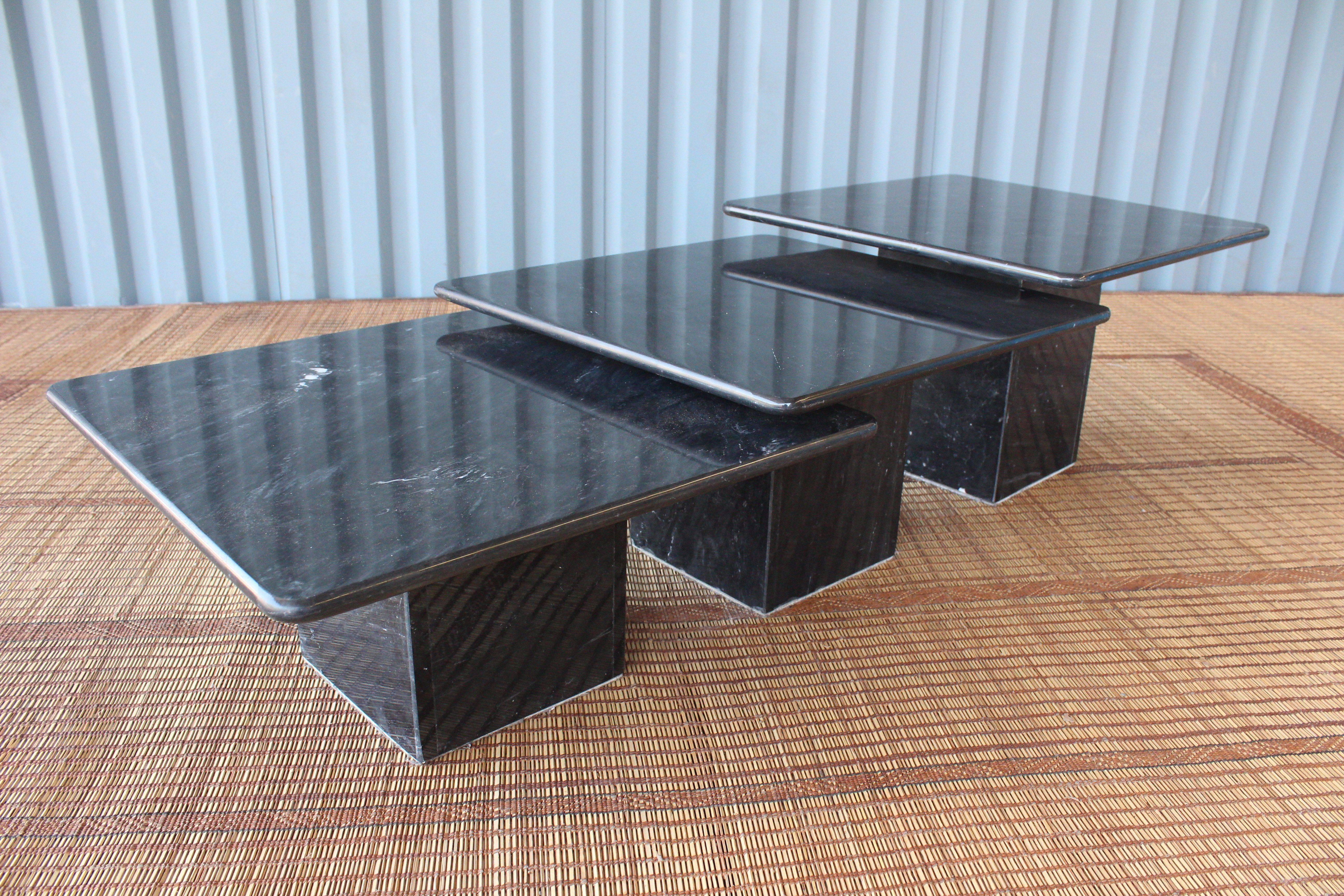 Set of three black marble nesting tables from France, circa 1970s. All three tables are in excellent vintage condition.
Measure: Large table: H 16 in x W 23.5 in x D 23.5 in
Medium table H 14 in x W 23.5 in x D 23.5 in
Small table H 12 in W x W