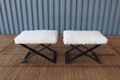 Pair of 'X' Steel-Base Stools with Shearling Upholstery