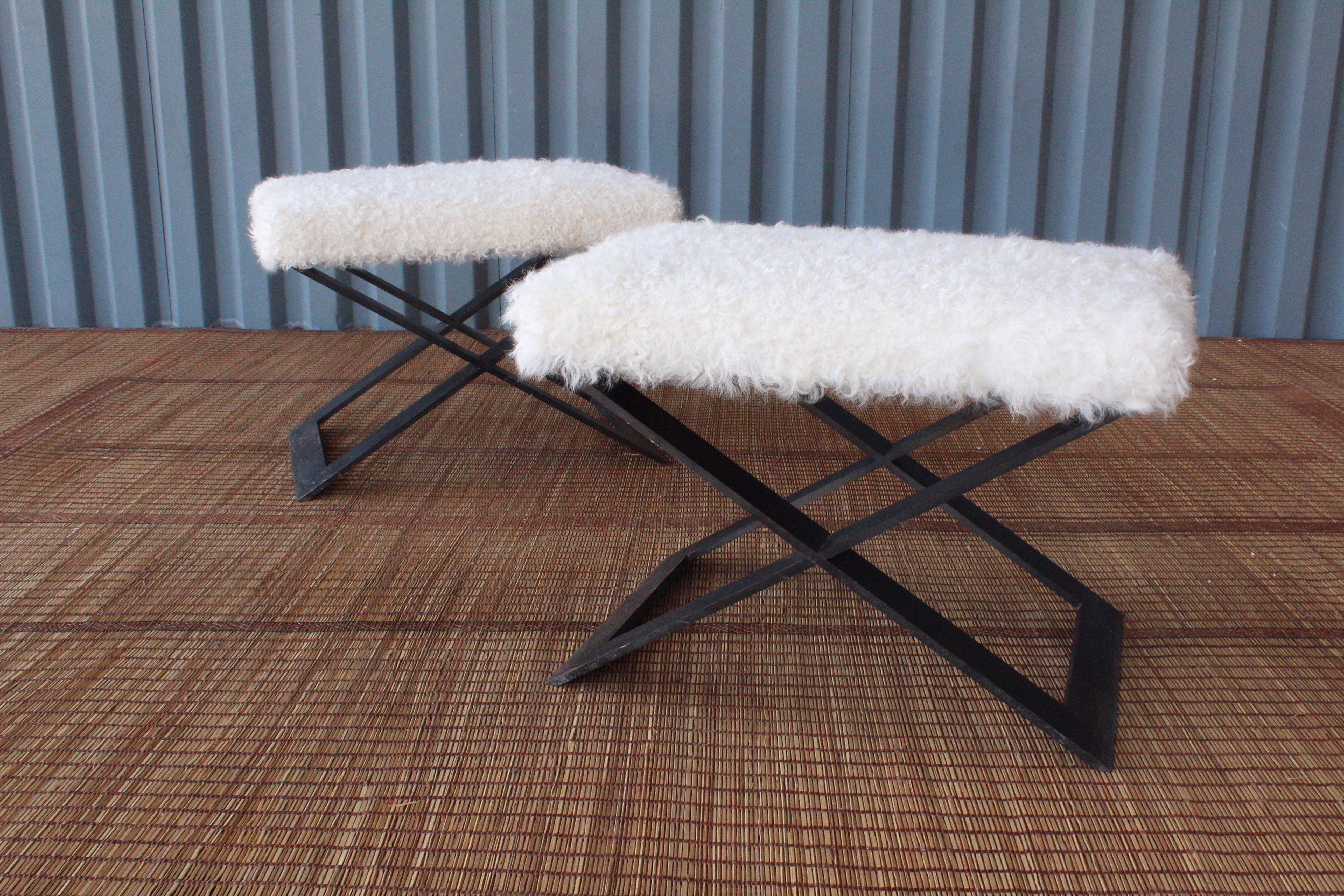 Modern Pair of 'X' Steel-Base Stools with Shearling Upholstery