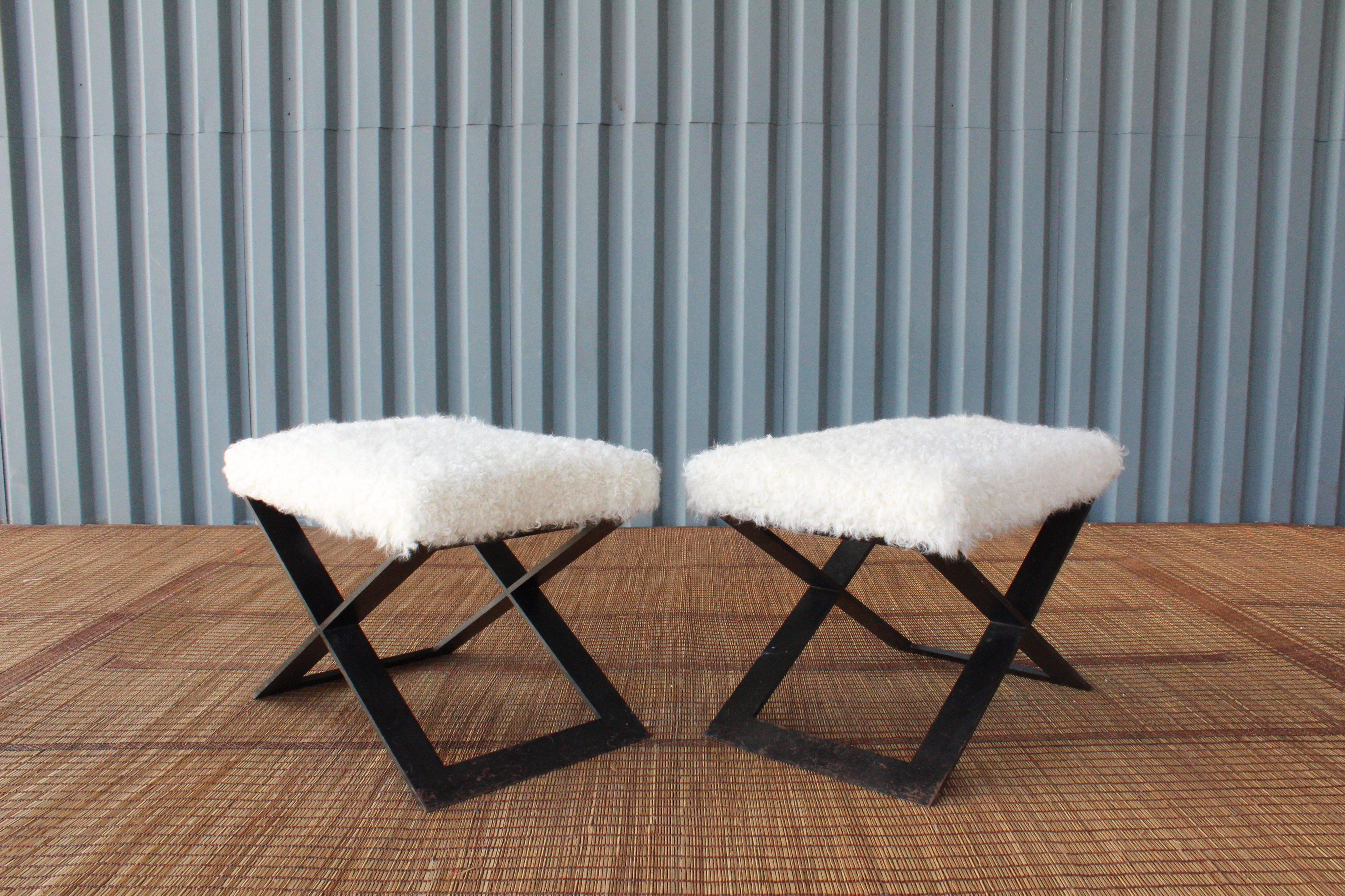 Pair of 'X' Steel-Base Stools with Shearling Upholstery In Excellent Condition In Los Angeles, CA