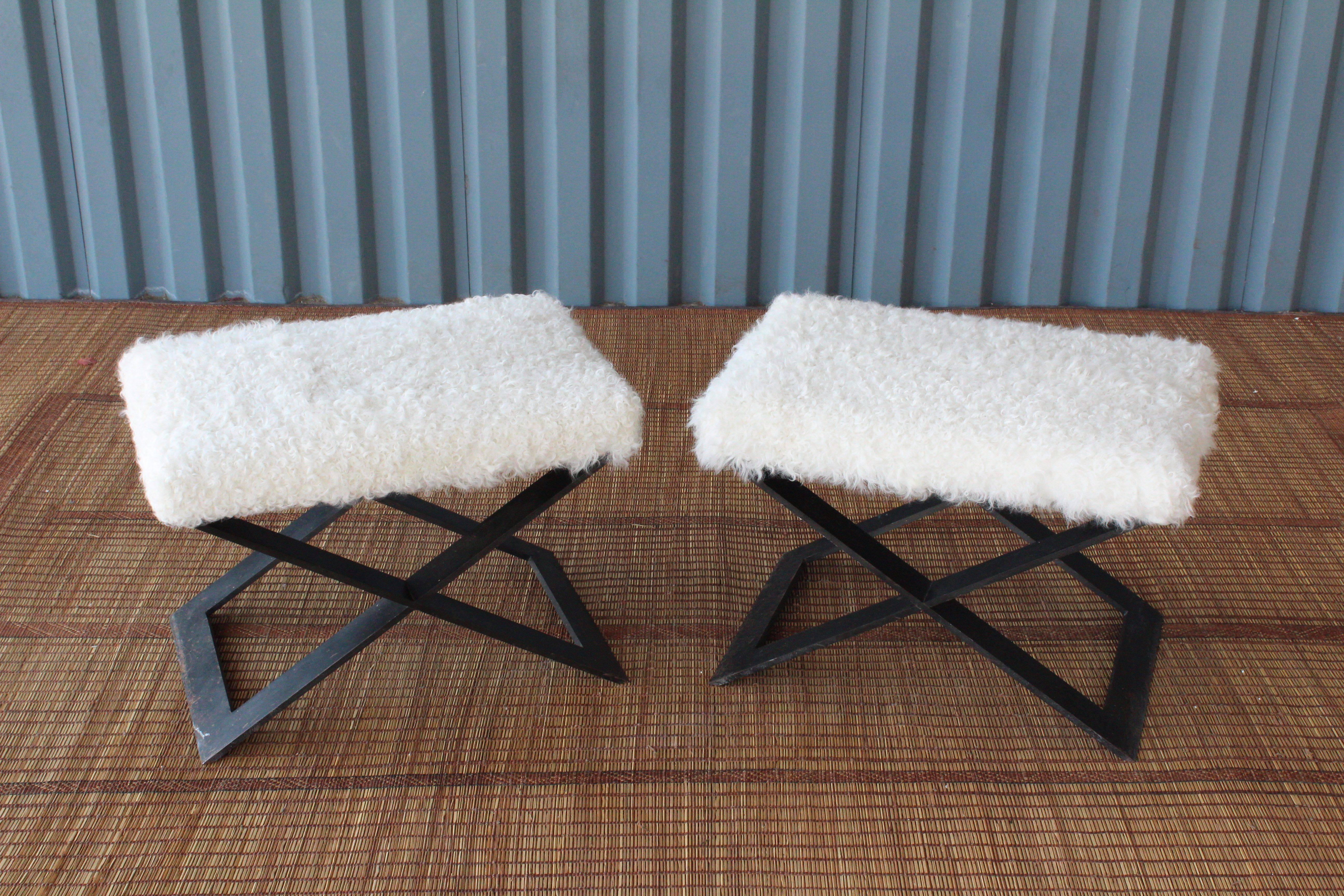 Pair of 'X' Steel-Base Stools with Shearling Upholstery 3