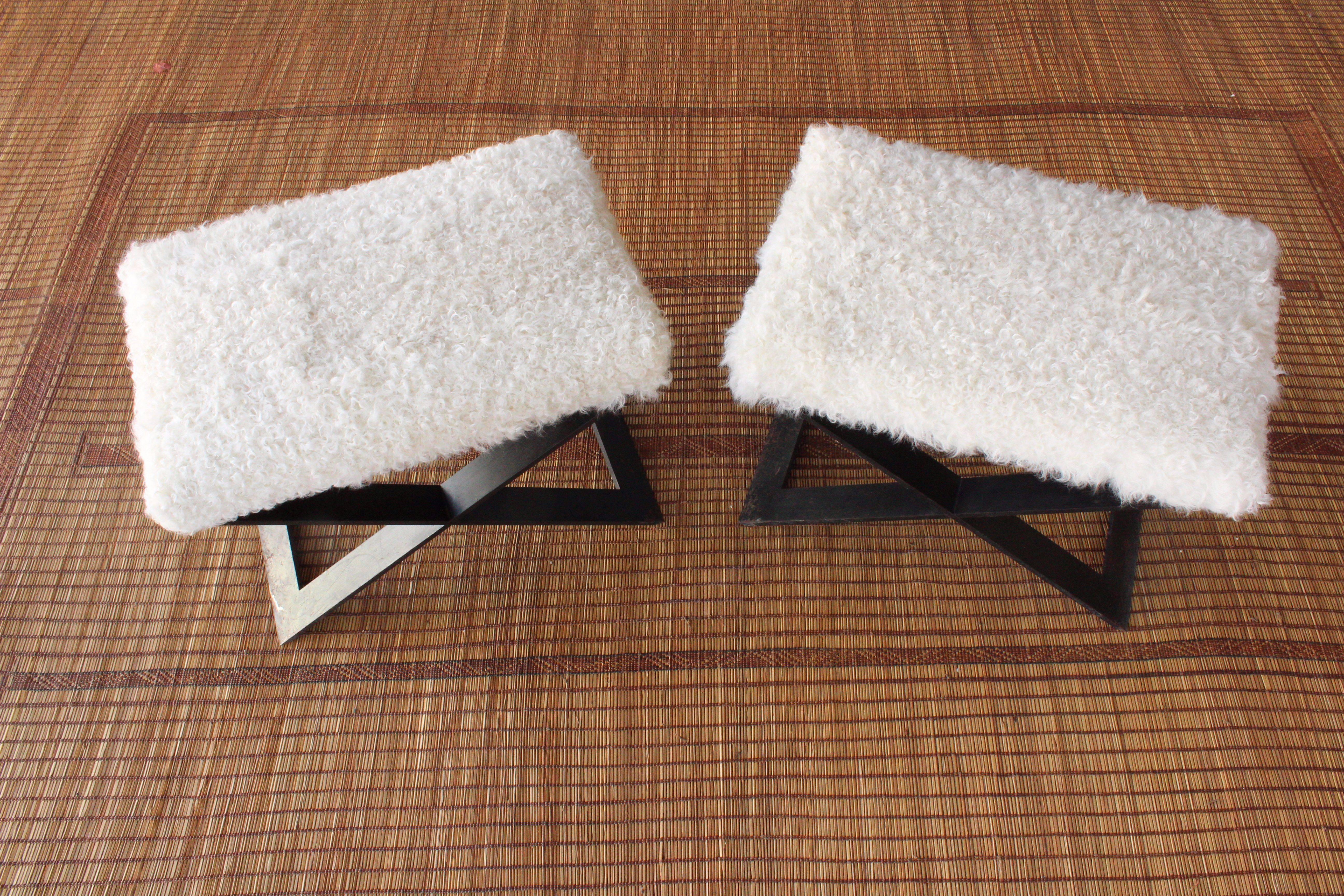 Pair of 'X' Steel-Base Stools with Shearling Upholstery 4