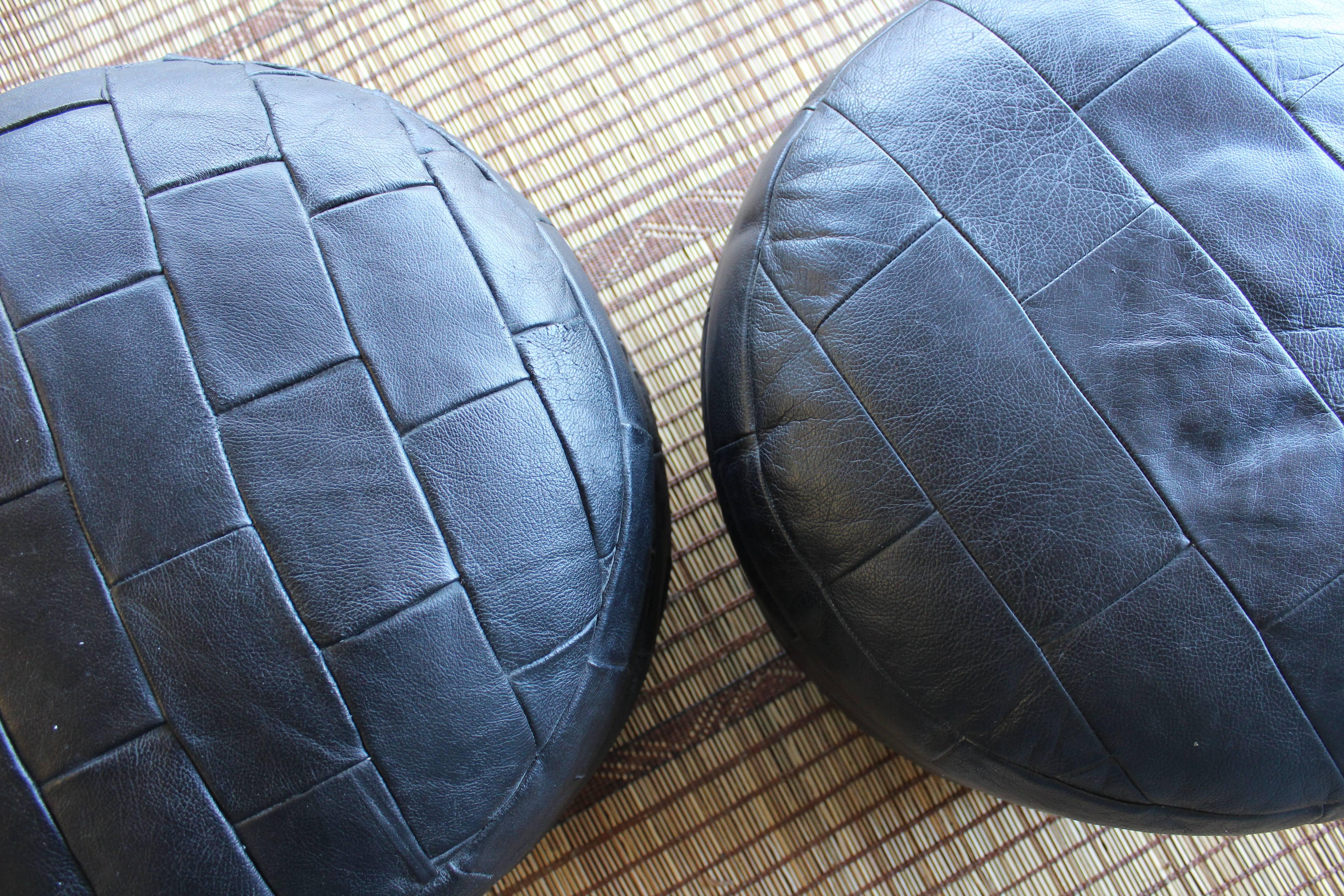 Pair of De Sede Black Leather Patchwork Ottomans 2