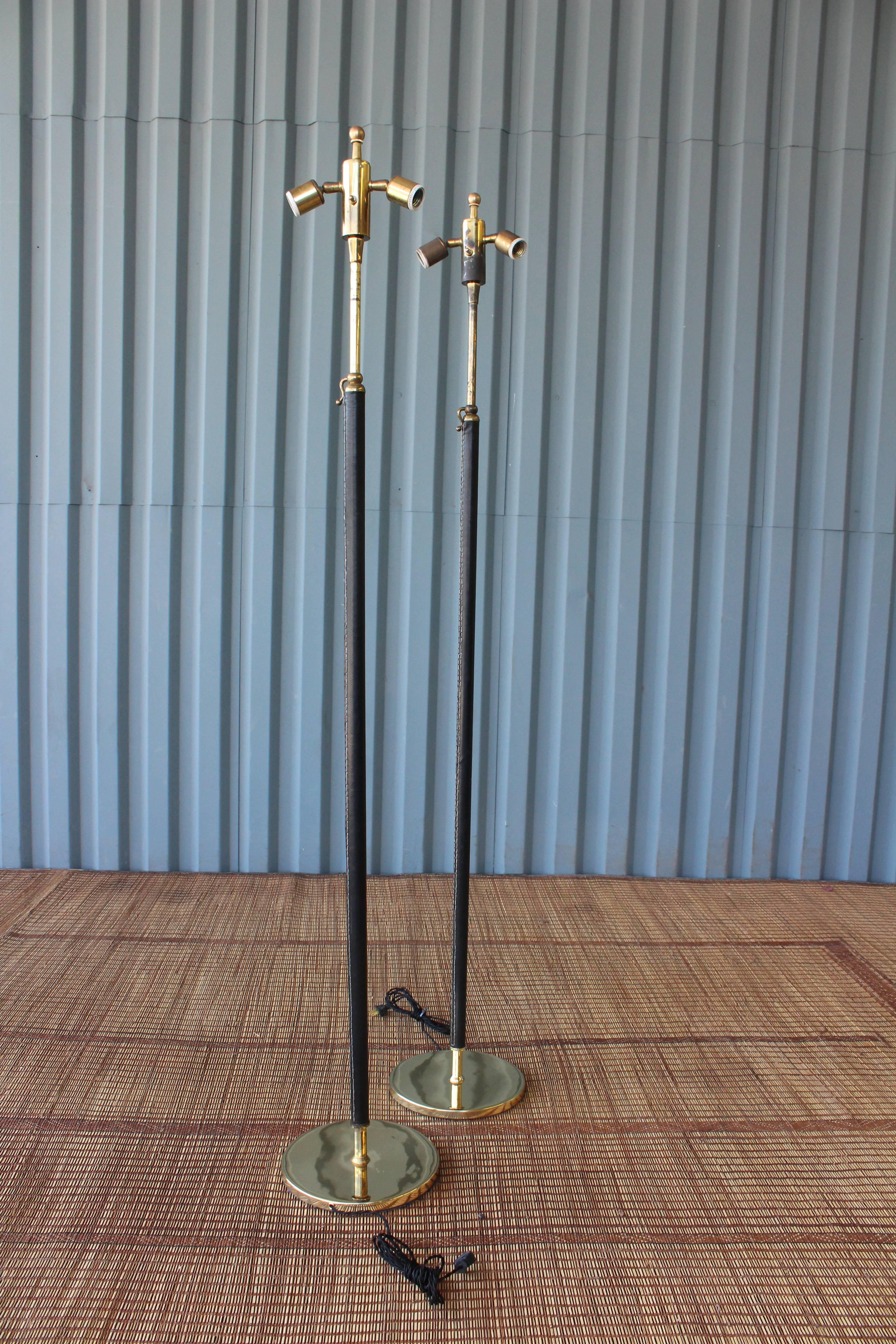 Pair of Jacques Adnet Style Brass and Leather Wrapped Floor Lamps In Good Condition In Los Angeles, CA