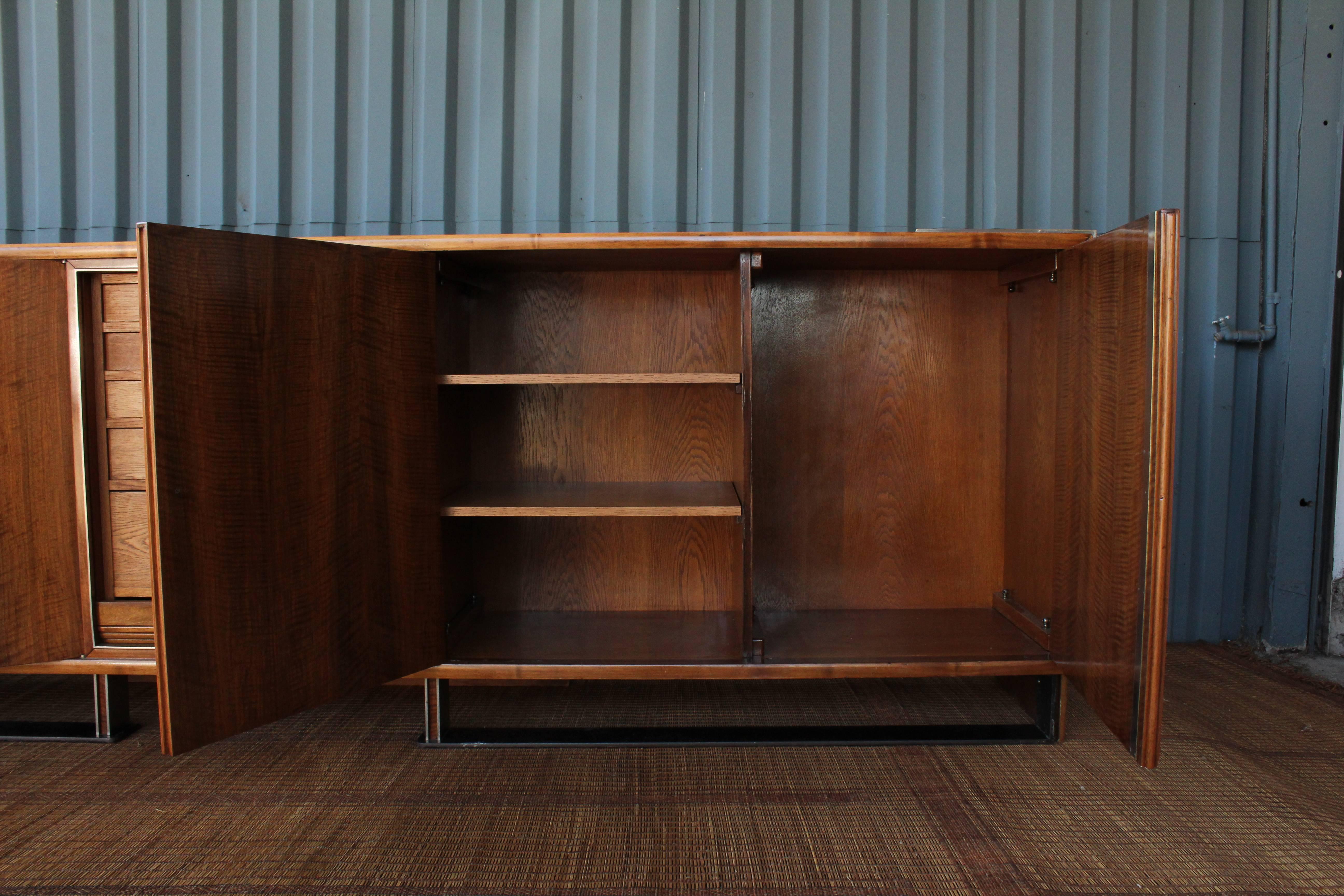 Art Deco Paul Dupré-Lafon Walnut, Iron and Nickel Tambour Front Cabinet