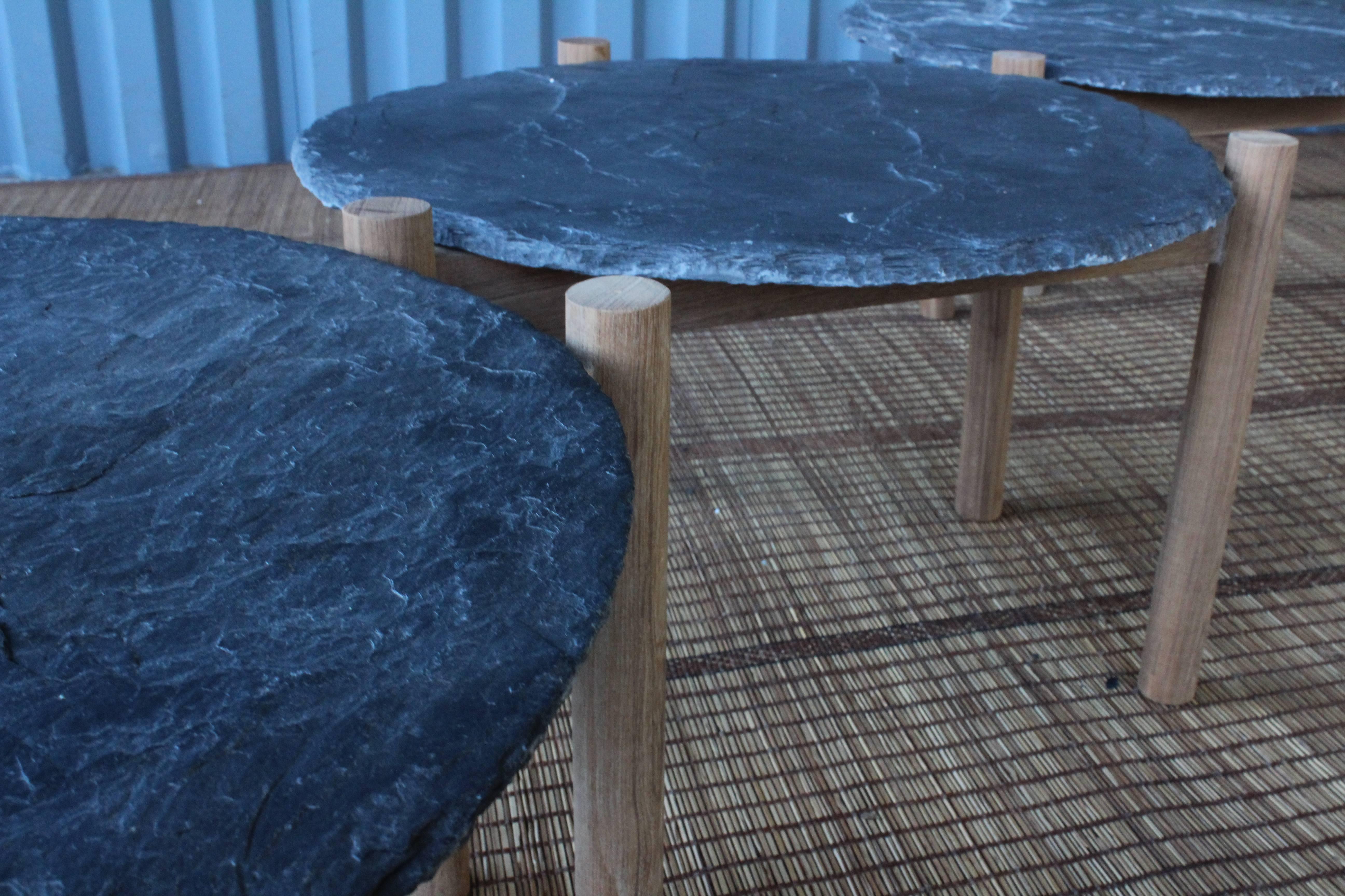Contemporary Slate Top Table with Teak Base, in the Style of Pierre Jeanneret