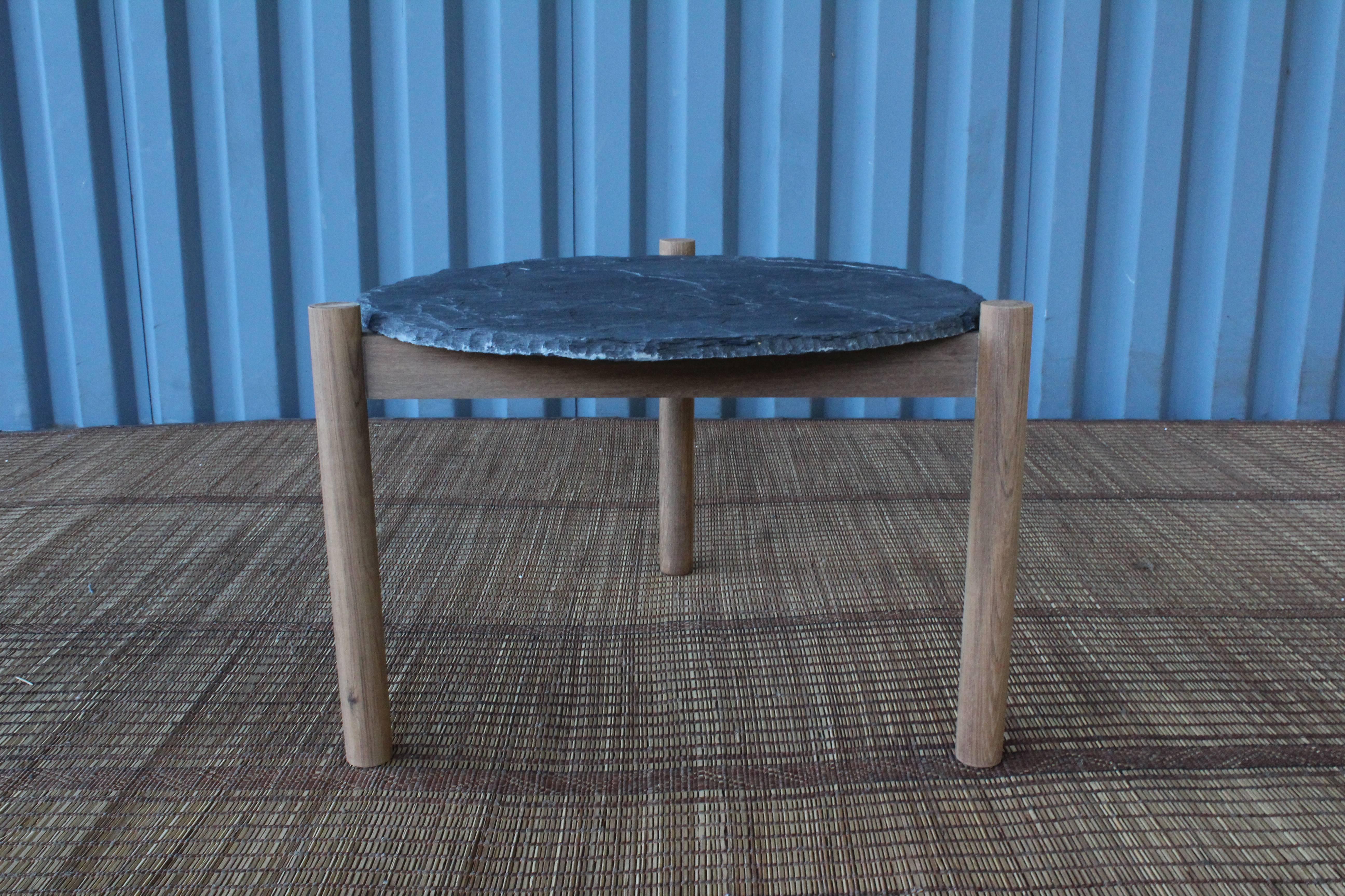 Mid-Century Modern Slate Top Table with Teak Base, in the Style of Pierre Jeanneret