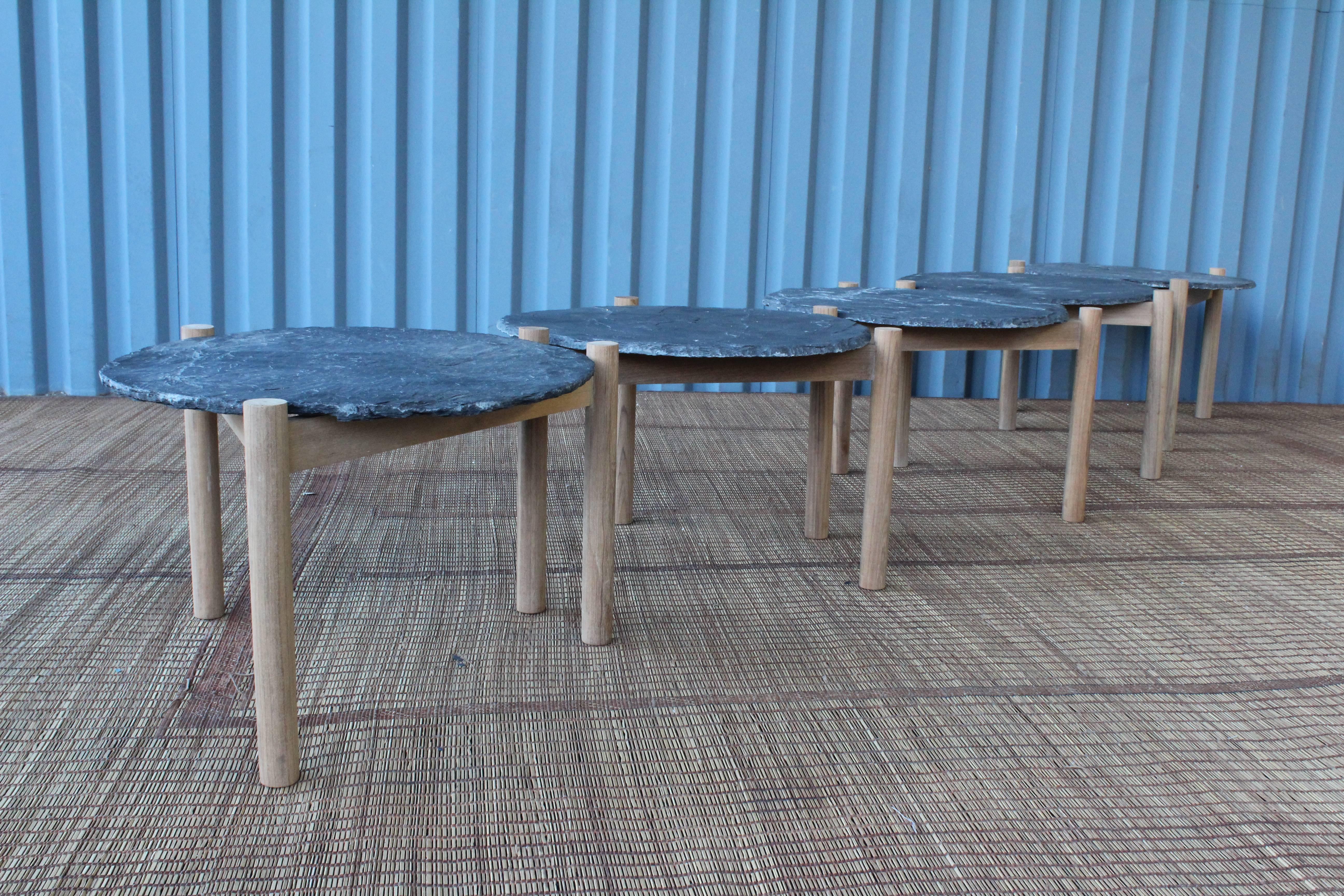 Slate Top Table with Teak Base, in the Style of Pierre Jeanneret 1