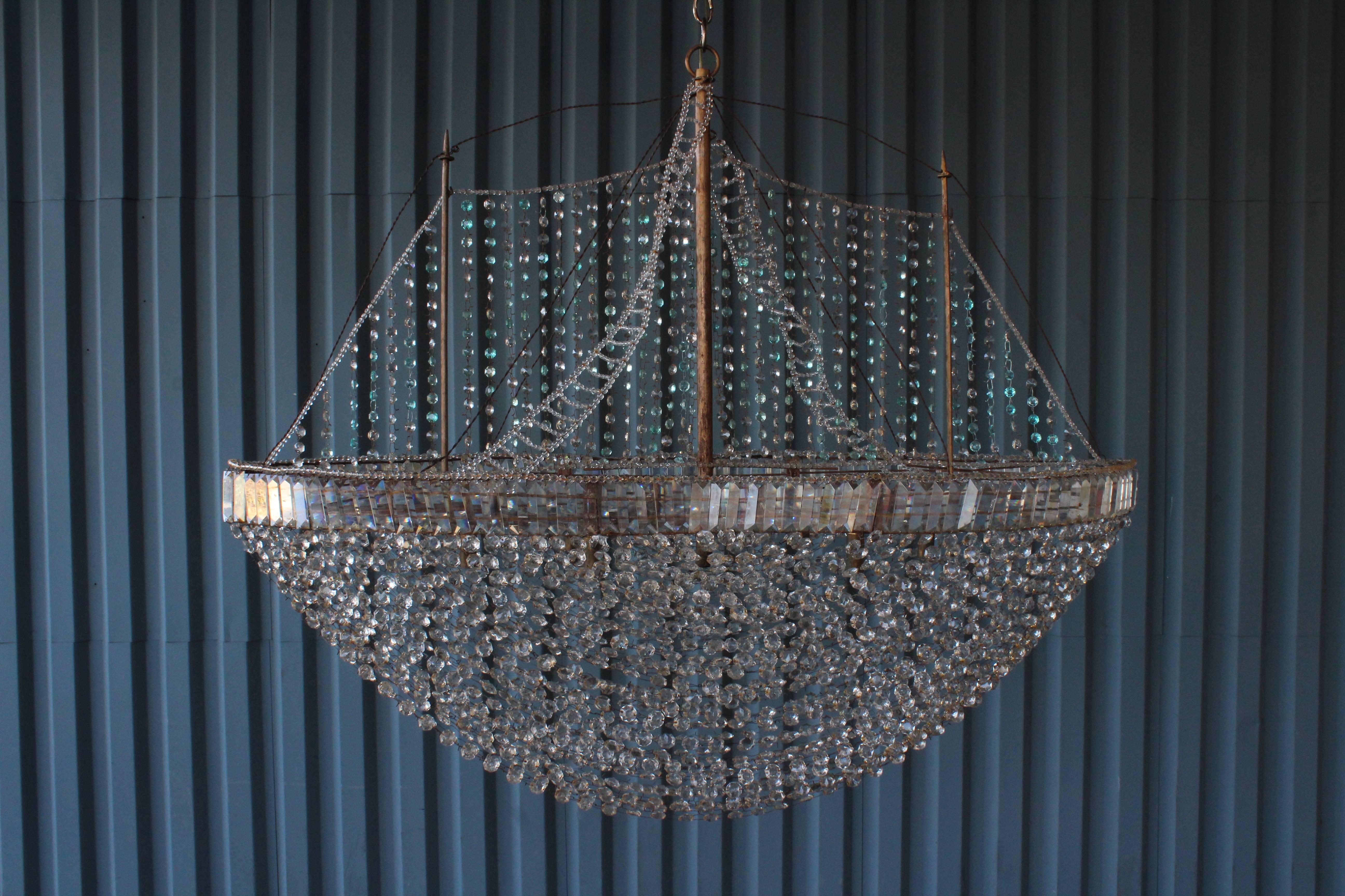 A vintage one-of-a-kind ship chandelier, Spain, 1950s. Made of glass crystals, this chandelier has been completely restored and rewired. 