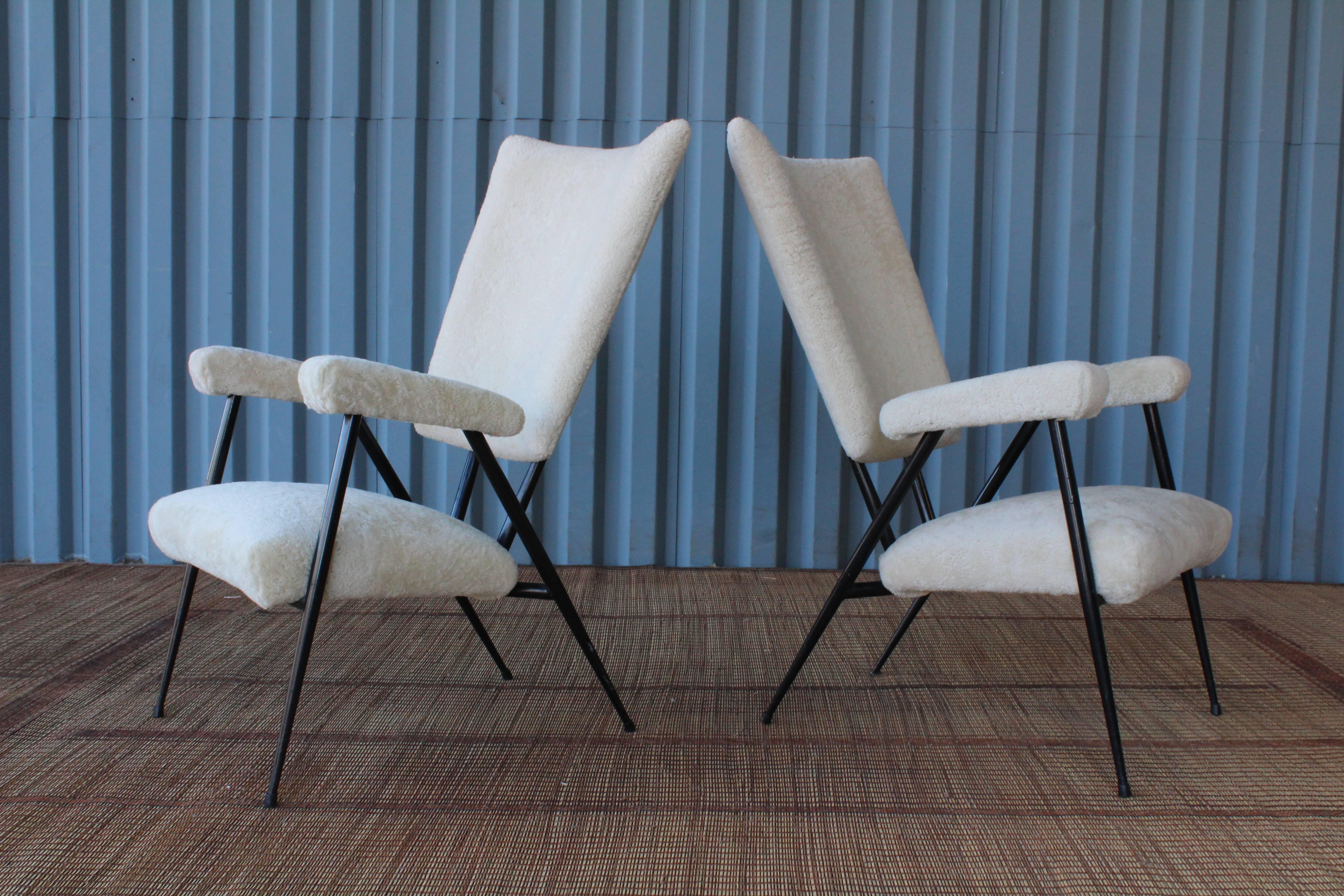 Pair of Metal Frame Armchairs in Sheepskin, Italy, 1960s 2