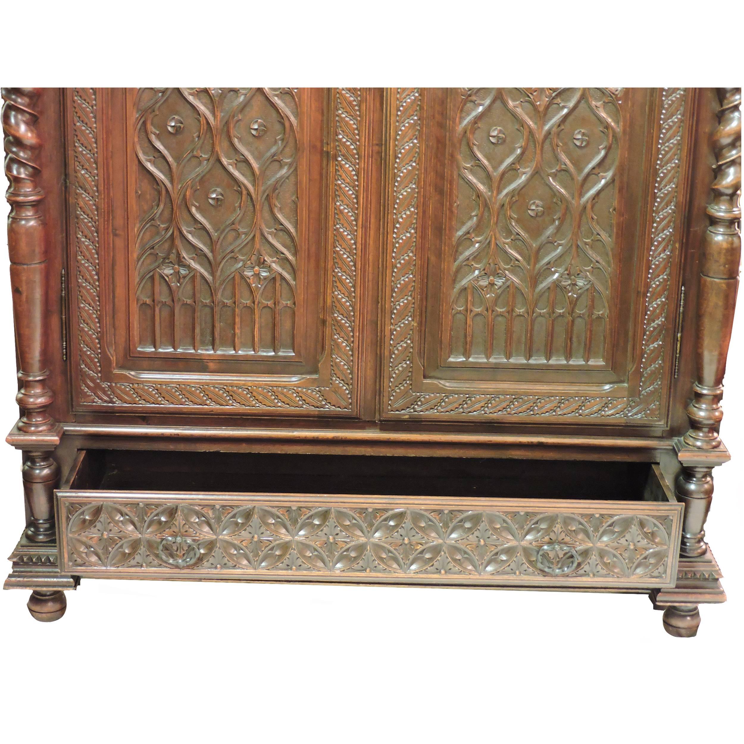 Solid Walnut Gothic Style Armoire In Good Condition For Sale In Baton Rouge, LA