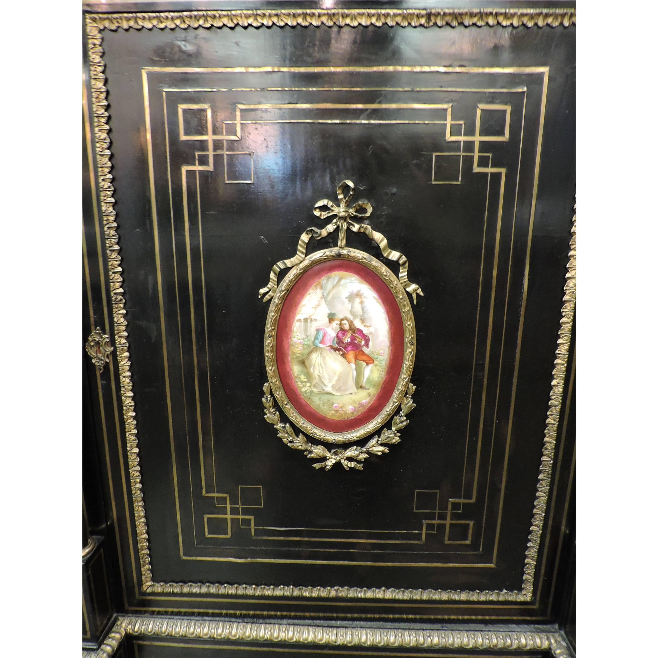 19th Century Black Louis Style Commode with Original Bronze Inlay and Mirrors For Sale