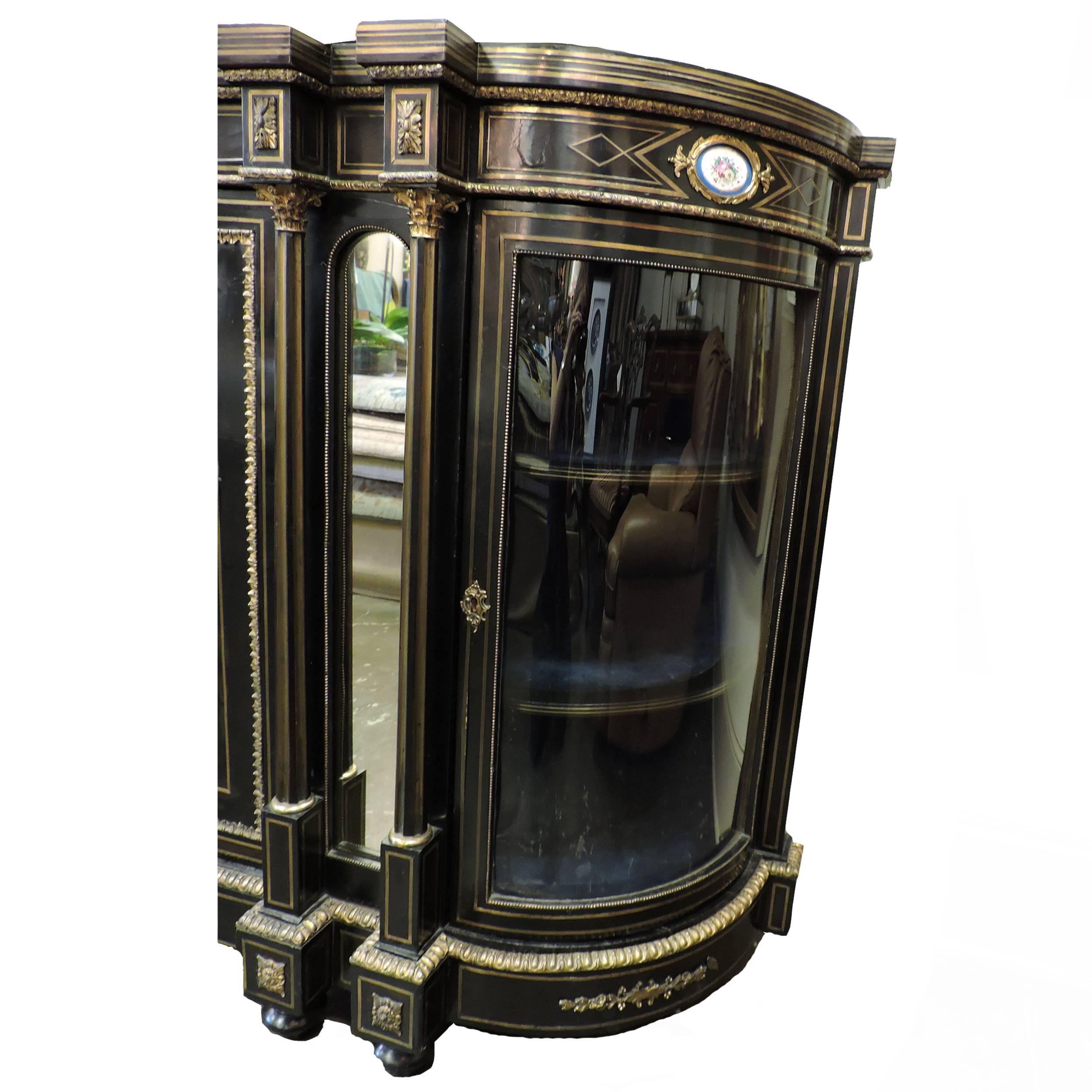 Louis XIV Black Louis Style Commode with Original Bronze Inlay and Mirrors For Sale