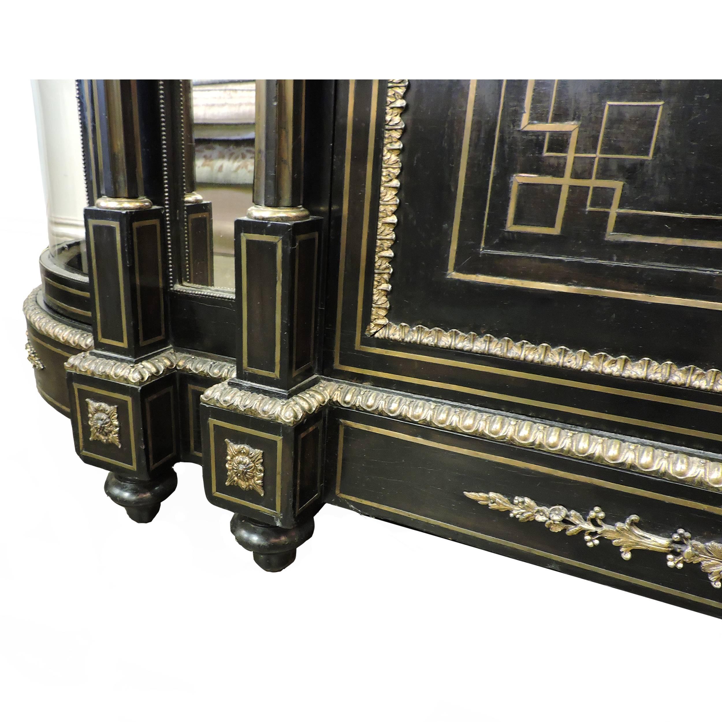 Carved Black Louis Style Commode with Original Bronze Inlay and Mirrors For Sale