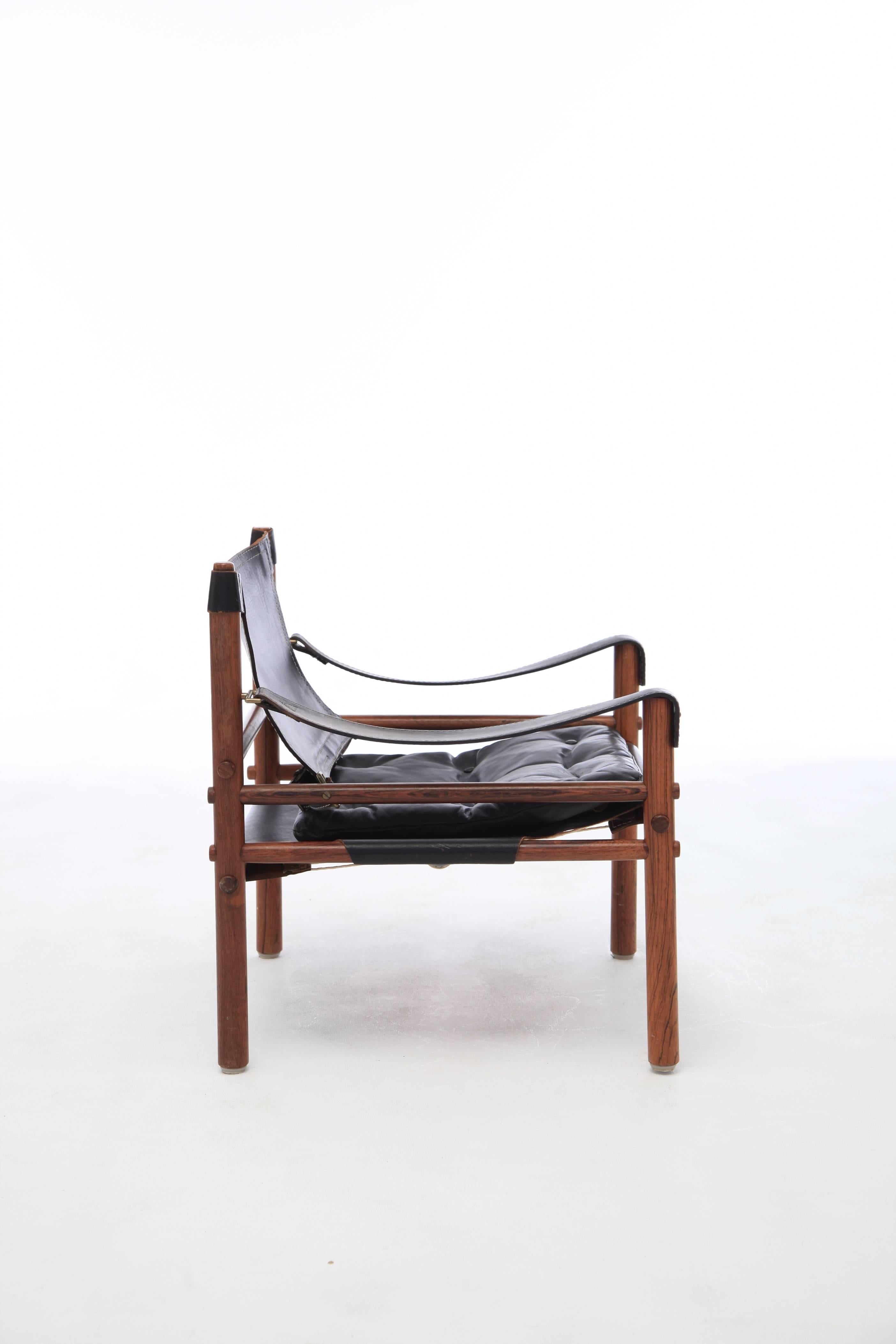 Scandinavian Modern Arne Norell Black Leather and Rosewood Safari Sirocco Chair, Sweden, 1960s