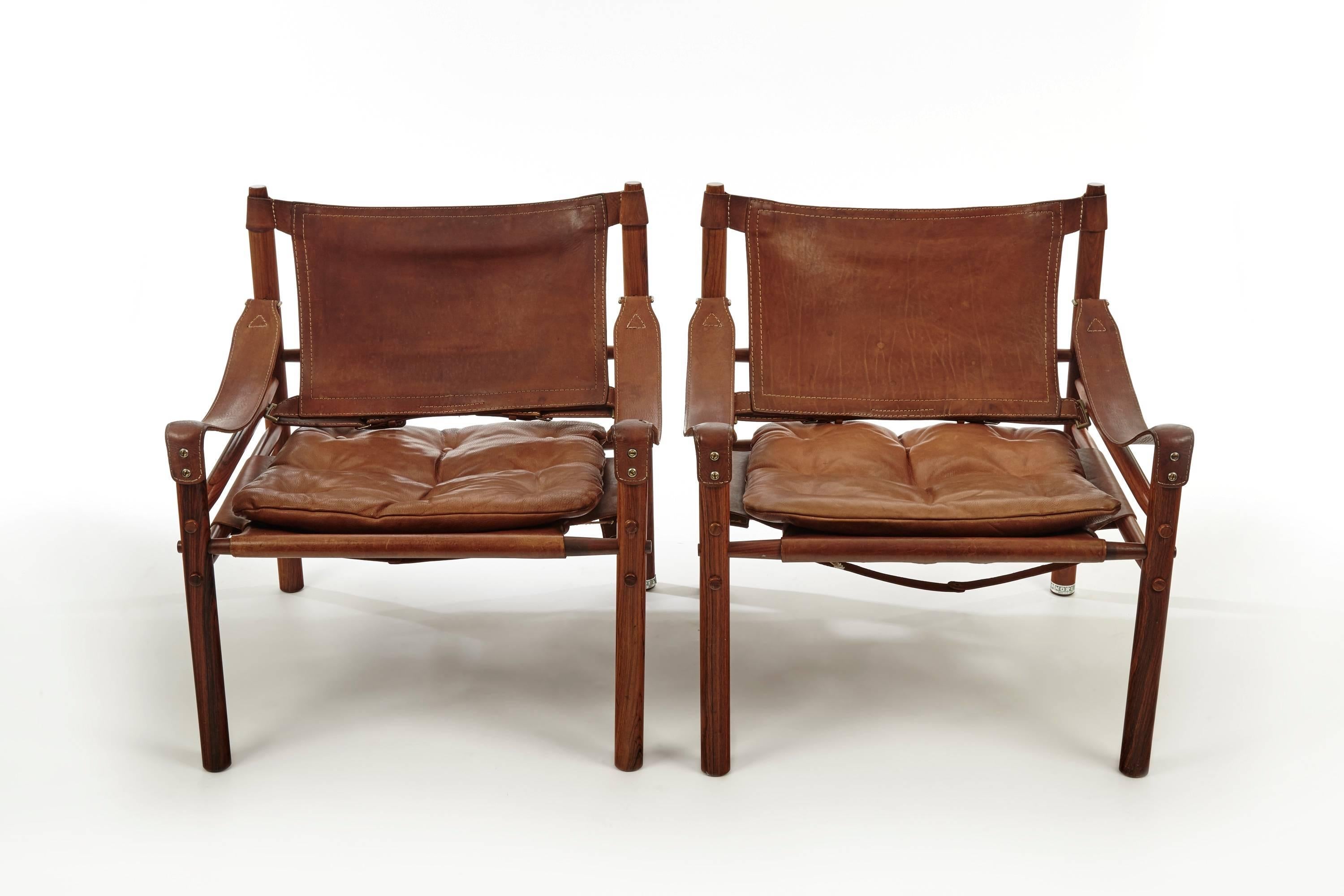 Scandinavian Modern Pair of Rosewood Arne Norell Sirocco Safari Chairs, Aneby Mobler, Sweden, 1960s