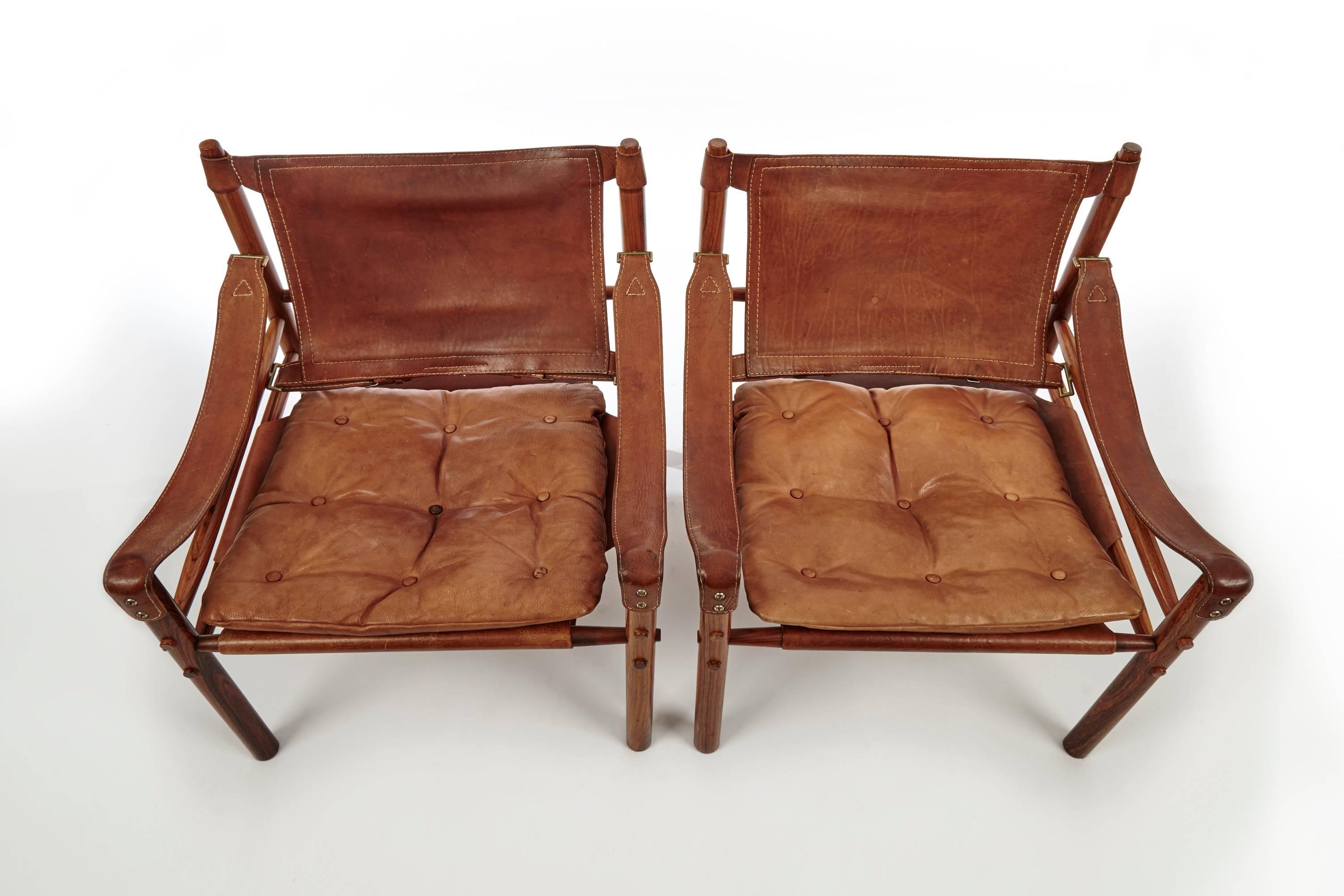 Swedish Pair of Rosewood Arne Norell Sirocco Safari Chairs, Aneby Mobler, Sweden, 1960s