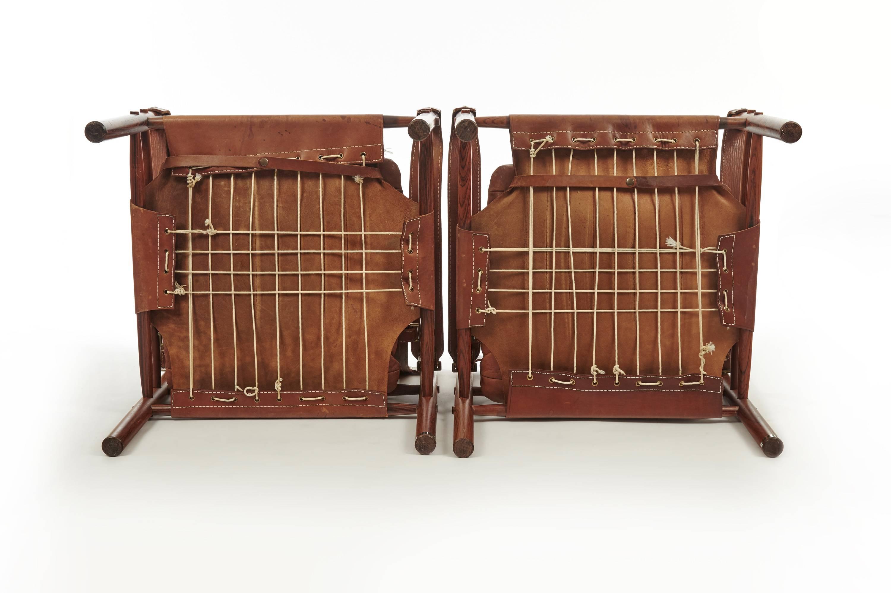 Leather Pair of Rosewood Arne Norell Sirocco Safari Chairs, Aneby Mobler, Sweden, 1960s