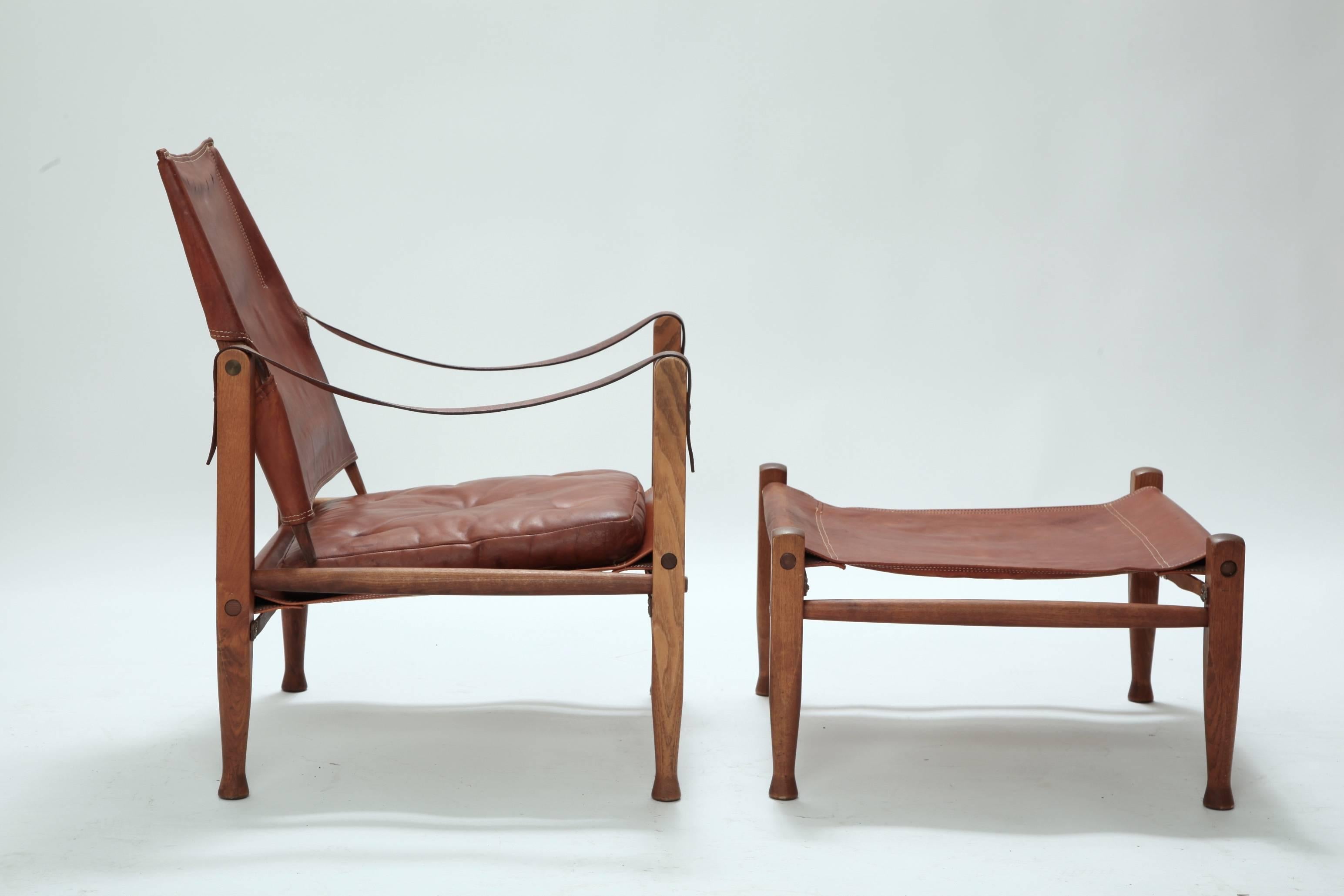 Mid-Century Modern Kaare Klint Safari Chair and Ottoman, Rud Rasmussen, Denmark (free shipping)