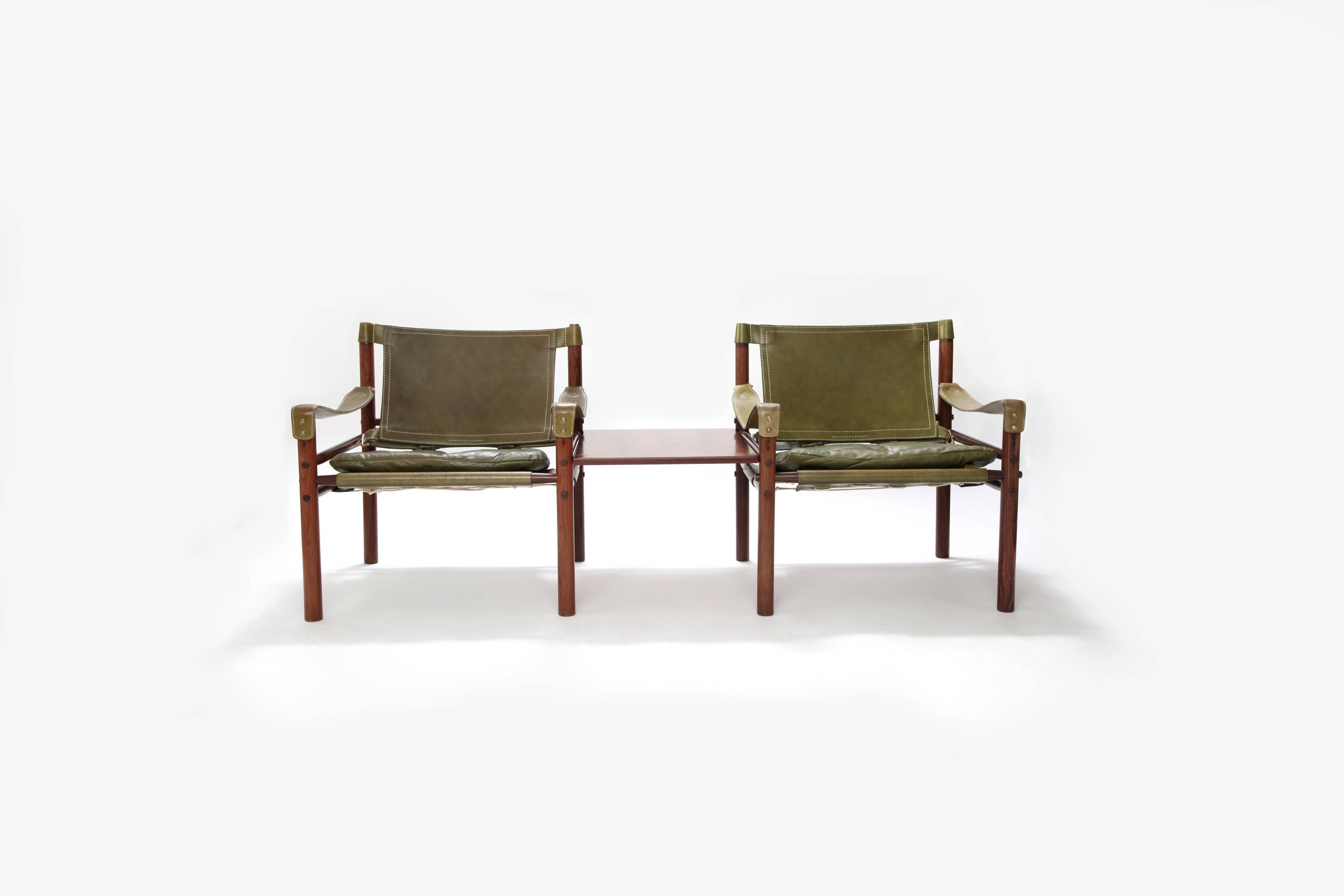 Mid-Century Modern Pair of Arne Norell Rosewood Safari Sirocco Chairs with Detachable Table 