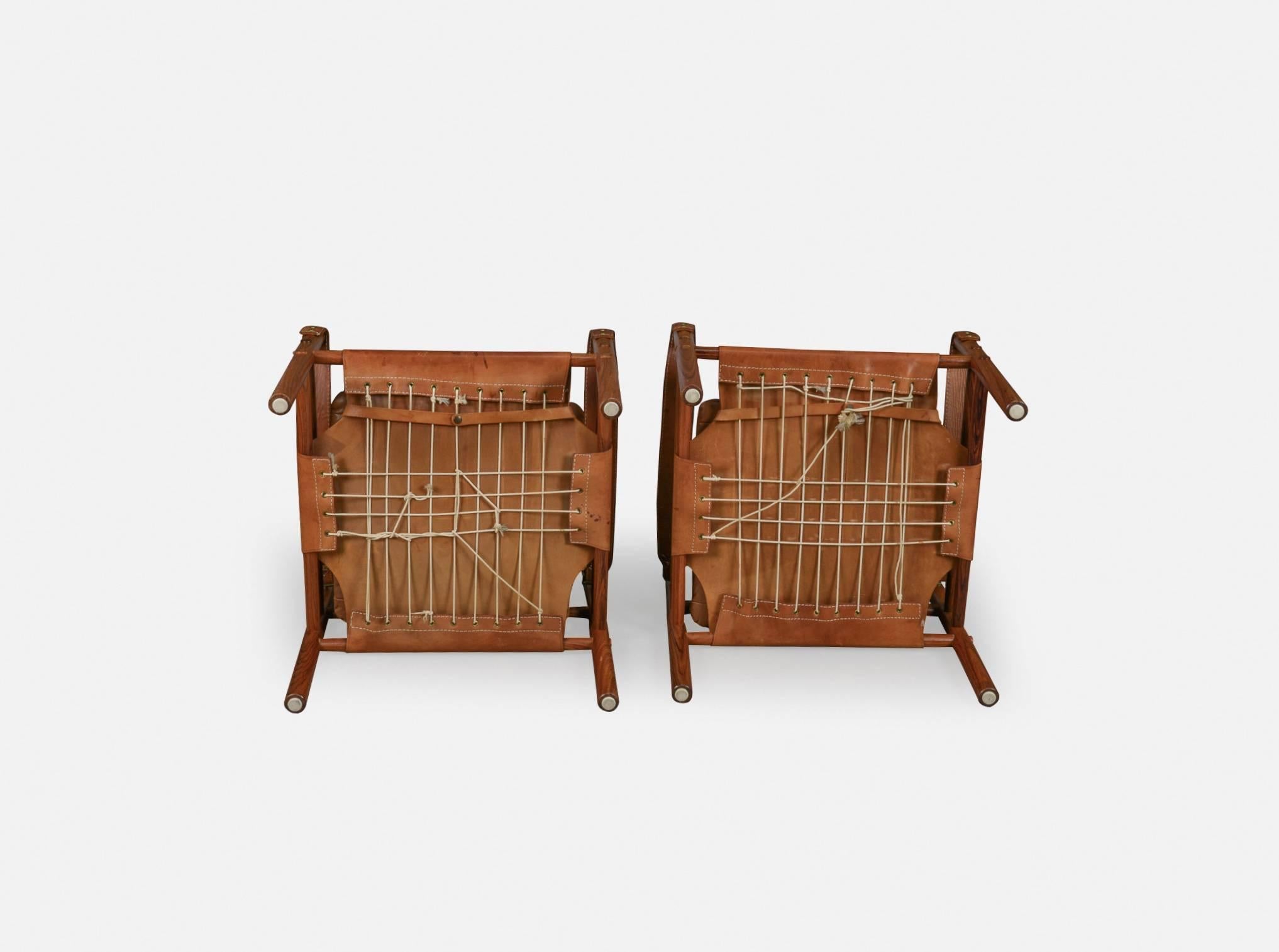 Brass Pair of Arne Norell Safari 'Sirocco' Chairs, Aneby Mobler, Sweden, 1960s
