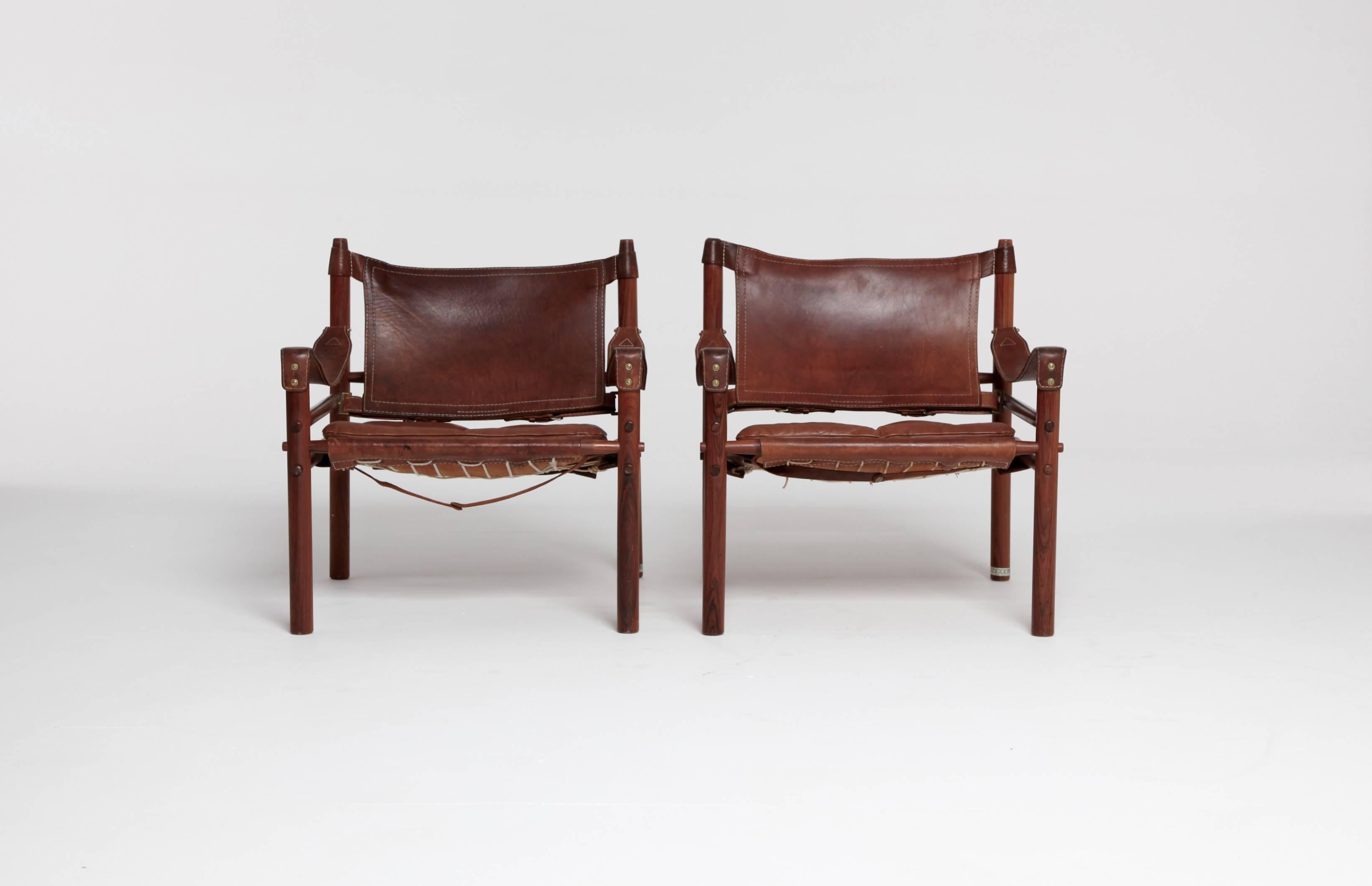 Mid-Century Modern Arne Norell Rosewood and Brown Leather Safari Sirocco Chairs, Sweden, 1960s