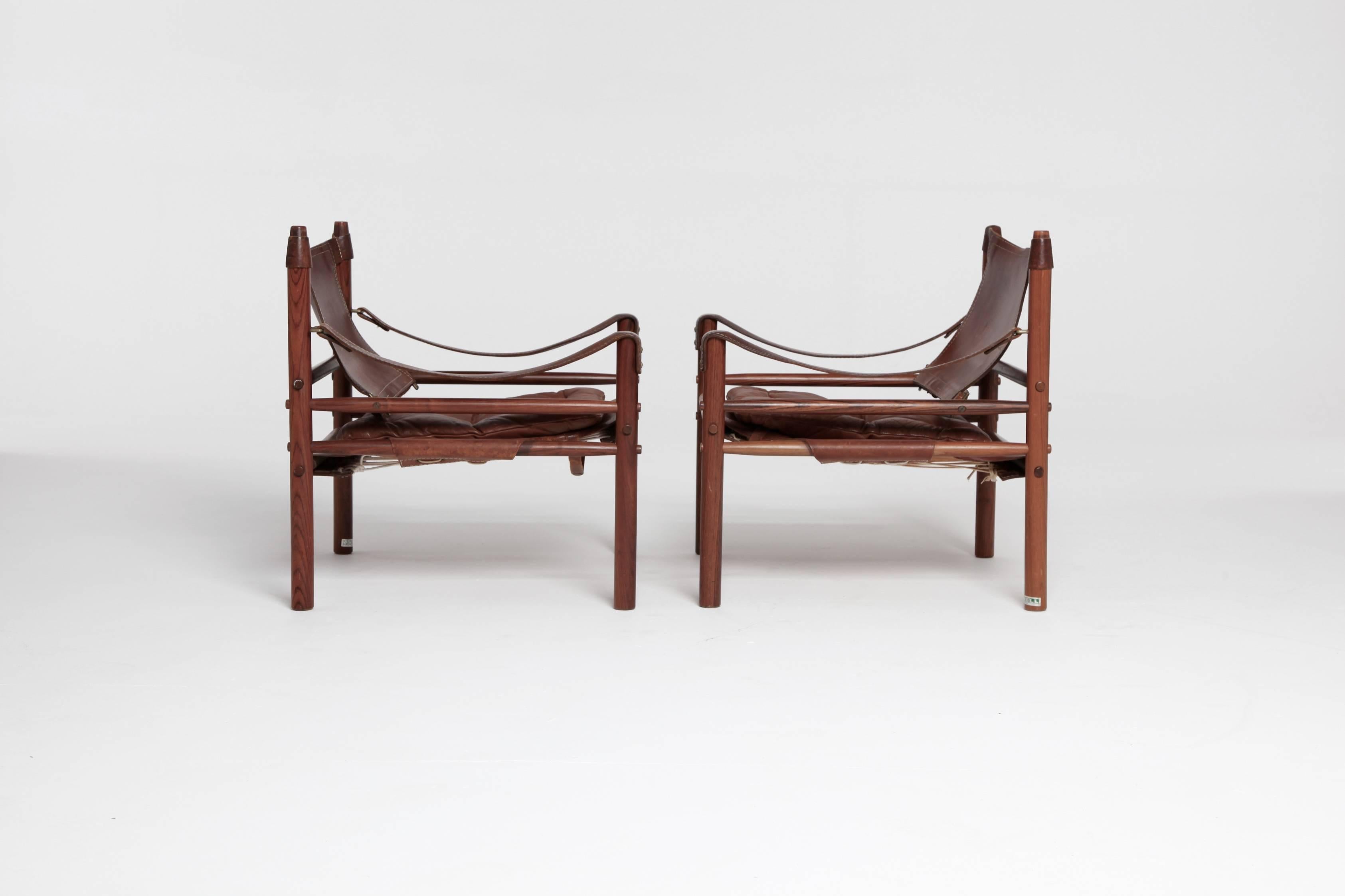 Swedish Arne Norell Rosewood and Brown Leather Safari Sirocco Chairs, Sweden, 1960s