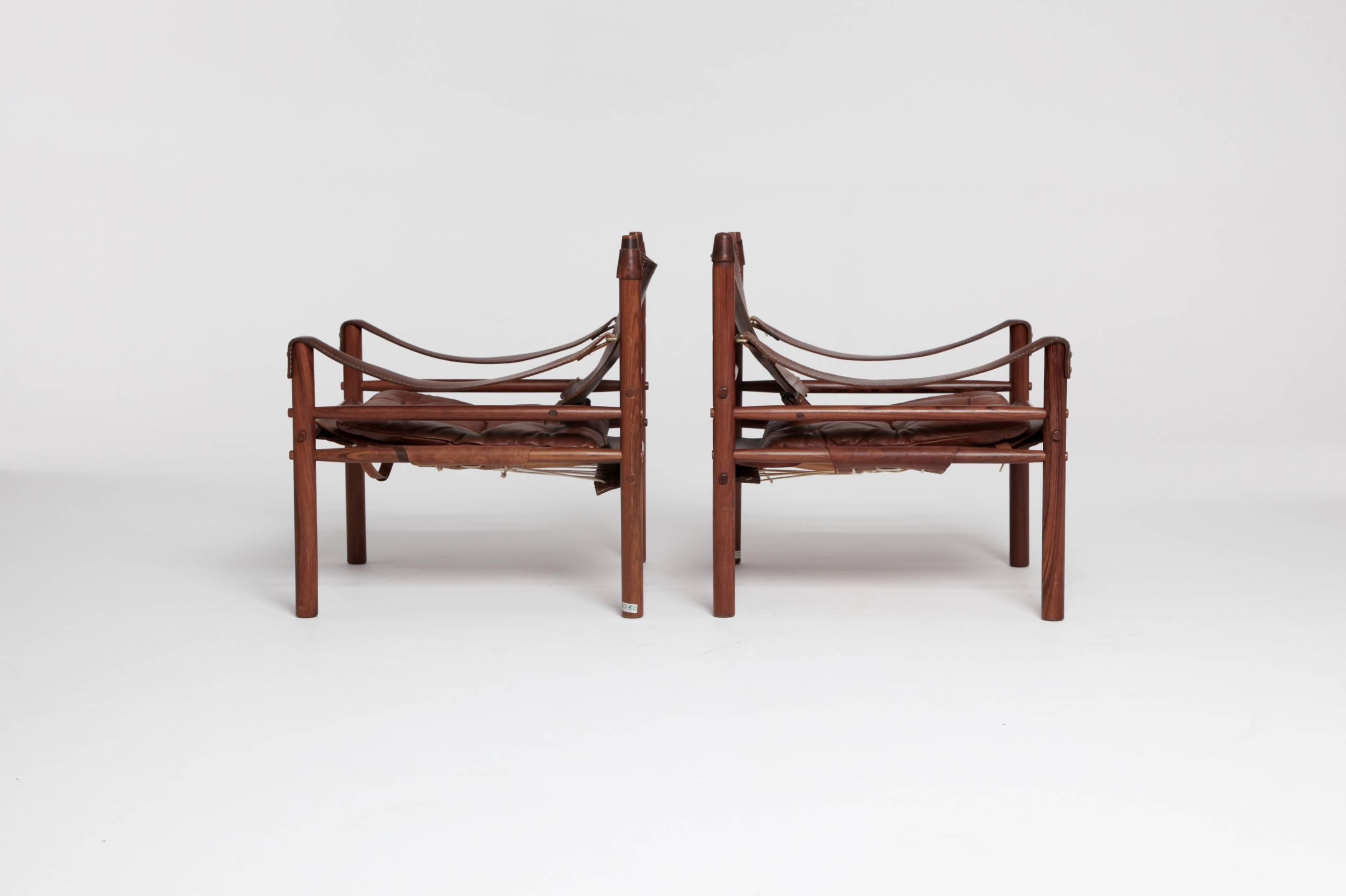 Arne Norell Rosewood and Brown Leather Safari Sirocco Chairs, Sweden, 1960s In Good Condition In London, GB