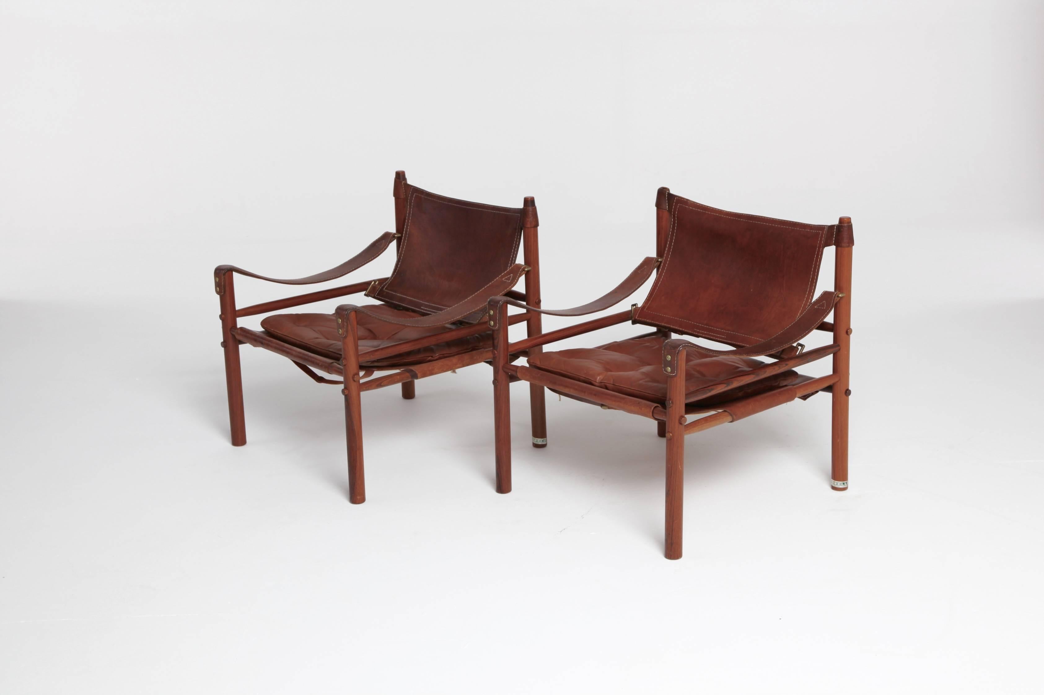 20th Century Arne Norell Rosewood and Brown Leather Safari Sirocco Chairs, Sweden, 1960s