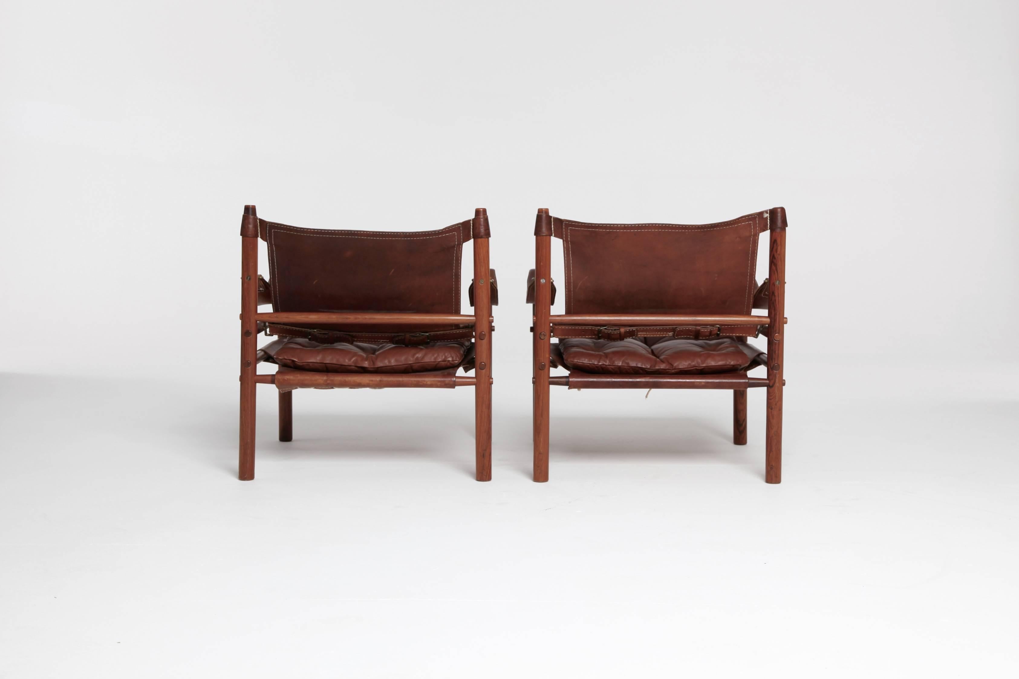 Arne Norell Rosewood and Brown Leather Safari Sirocco Chairs, Sweden, 1960s 1