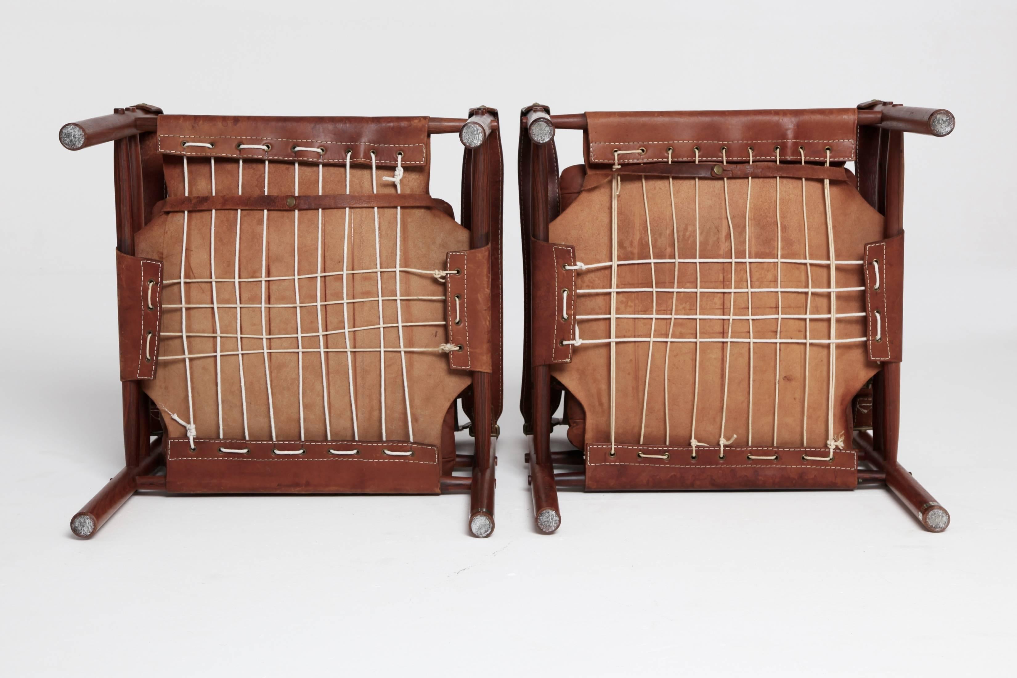Arne Norell Rosewood and Brown Leather Safari Sirocco Chairs, Sweden, 1960s 3