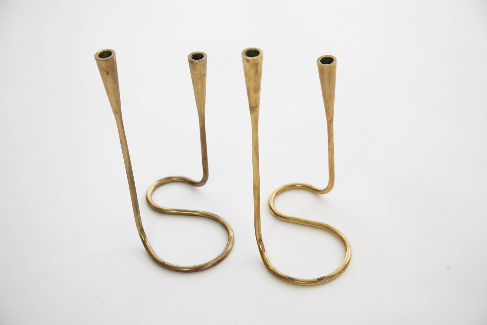 Mid-Century Modern Pair of Brass Serpentine Candlestick Holder by Illums Bolighus, Denmark, 1950s