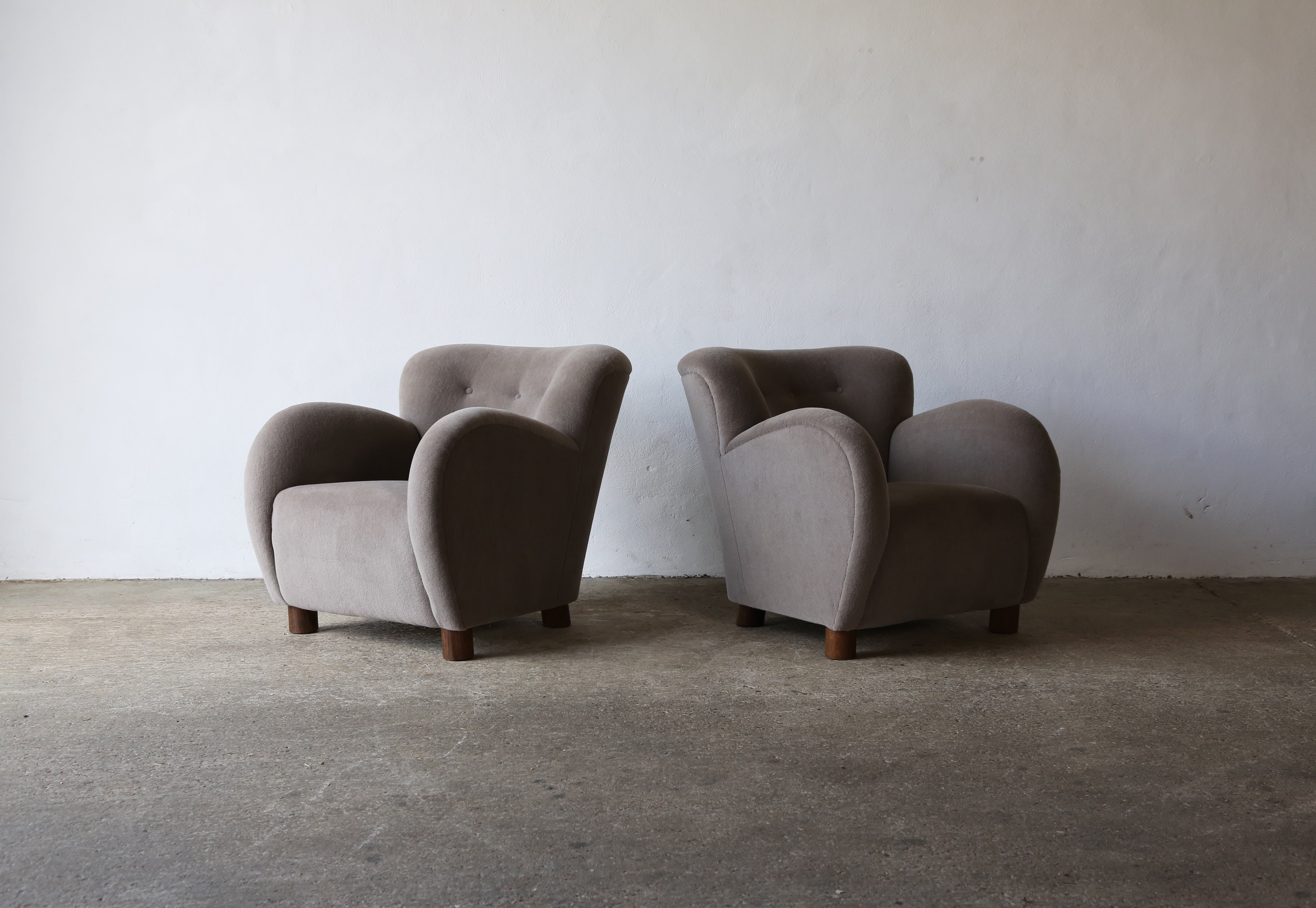 Superb Pair of Lounge Chairs, Newly Upholstered in Pure Alpaca For Sale