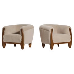 Pair of Sculptural Armchairs, Solid Oak and Pure Alpaca Upholstery Pair of Sculptural Armchairs, Solid Oak and Pure Alpaca Upholstery