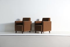 Pair of Square Armed Club Chairs, Upholstered in Pure Mohair