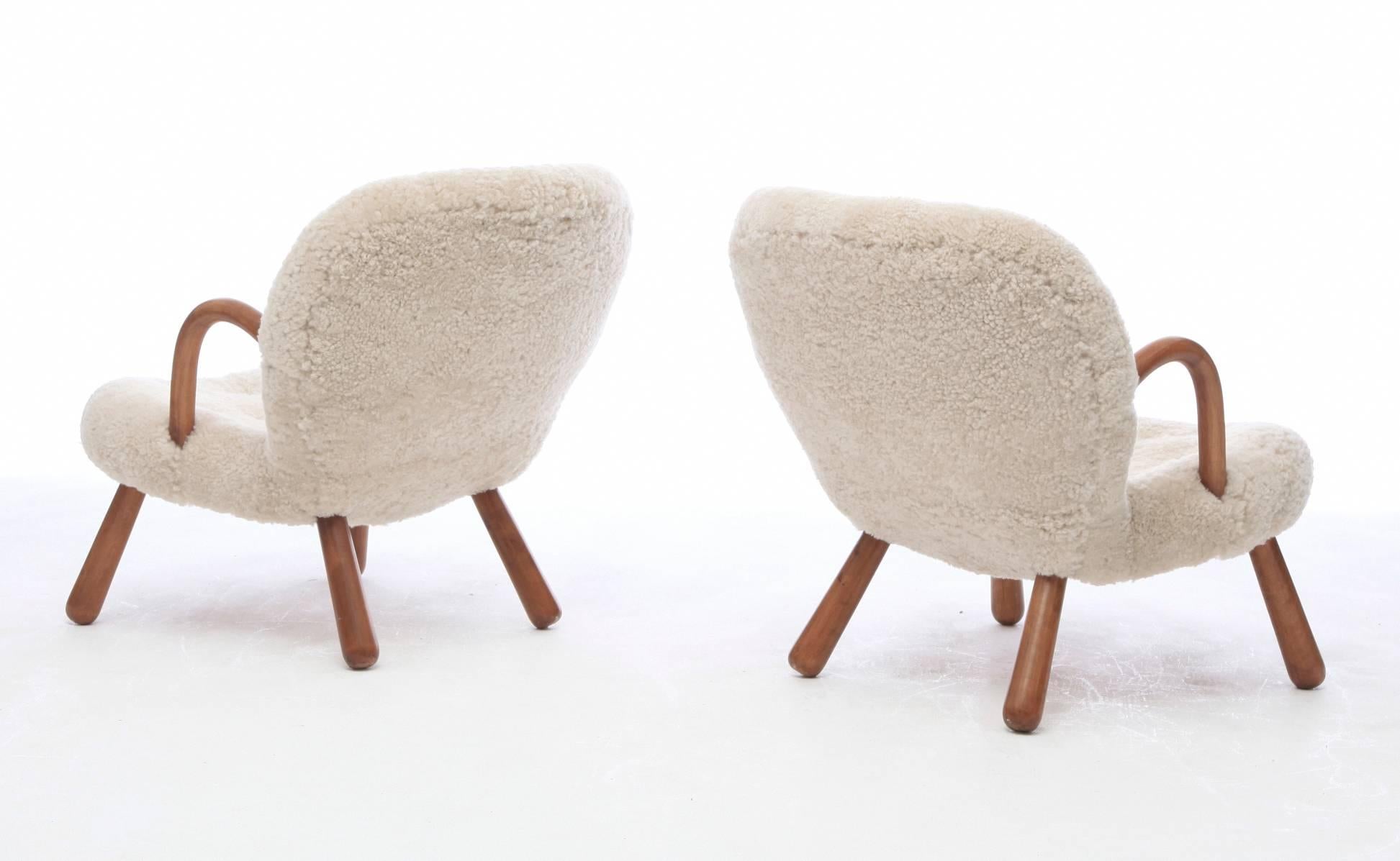 Scandinavian Modern Pair of 1940s Philip Arctander Clam Chairs in Sheepskin (free shipping)