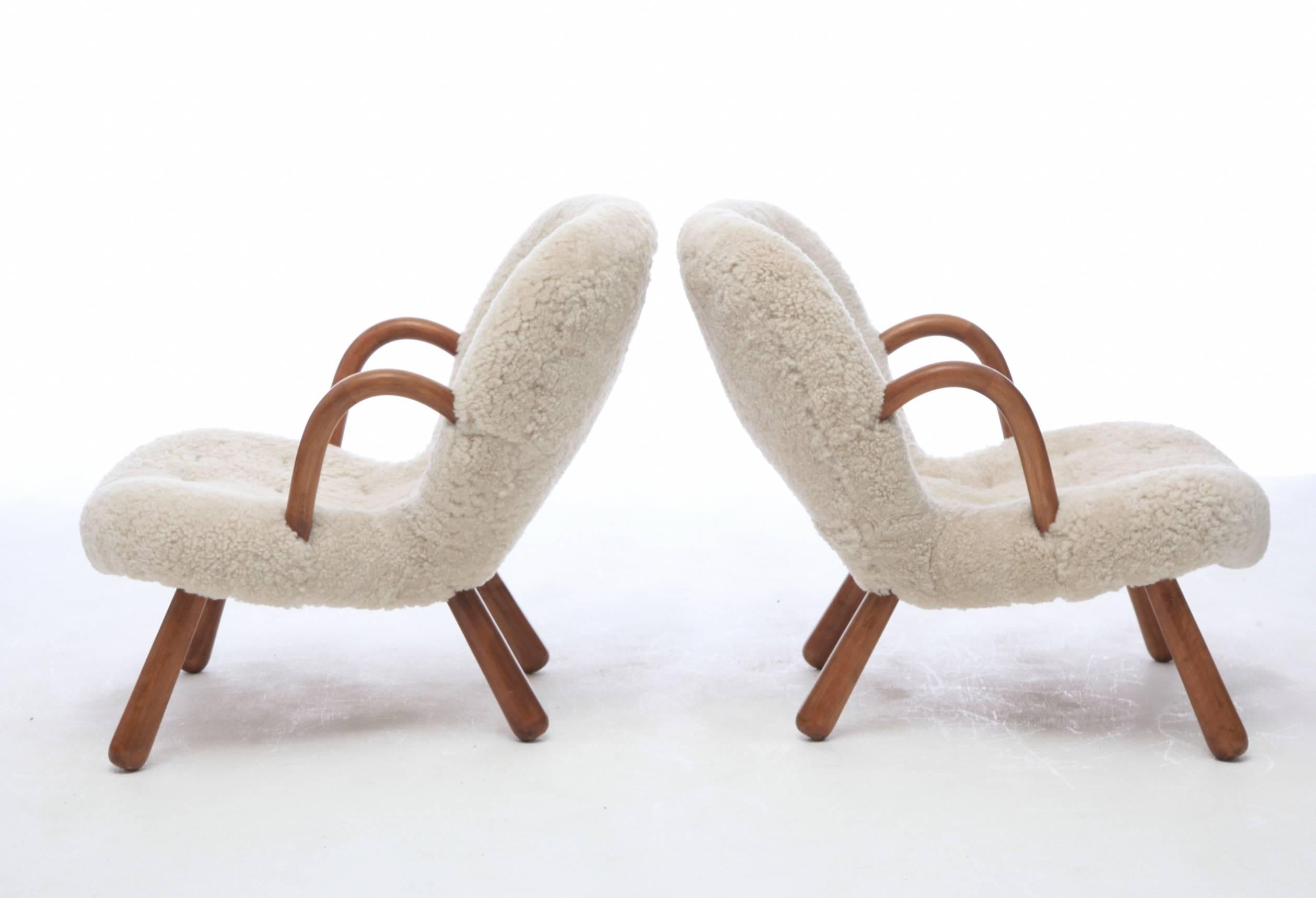 Pair of 1940s Philip Arctander Clam Chairs in Sheepskin (free shipping) In Good Condition In London, GB