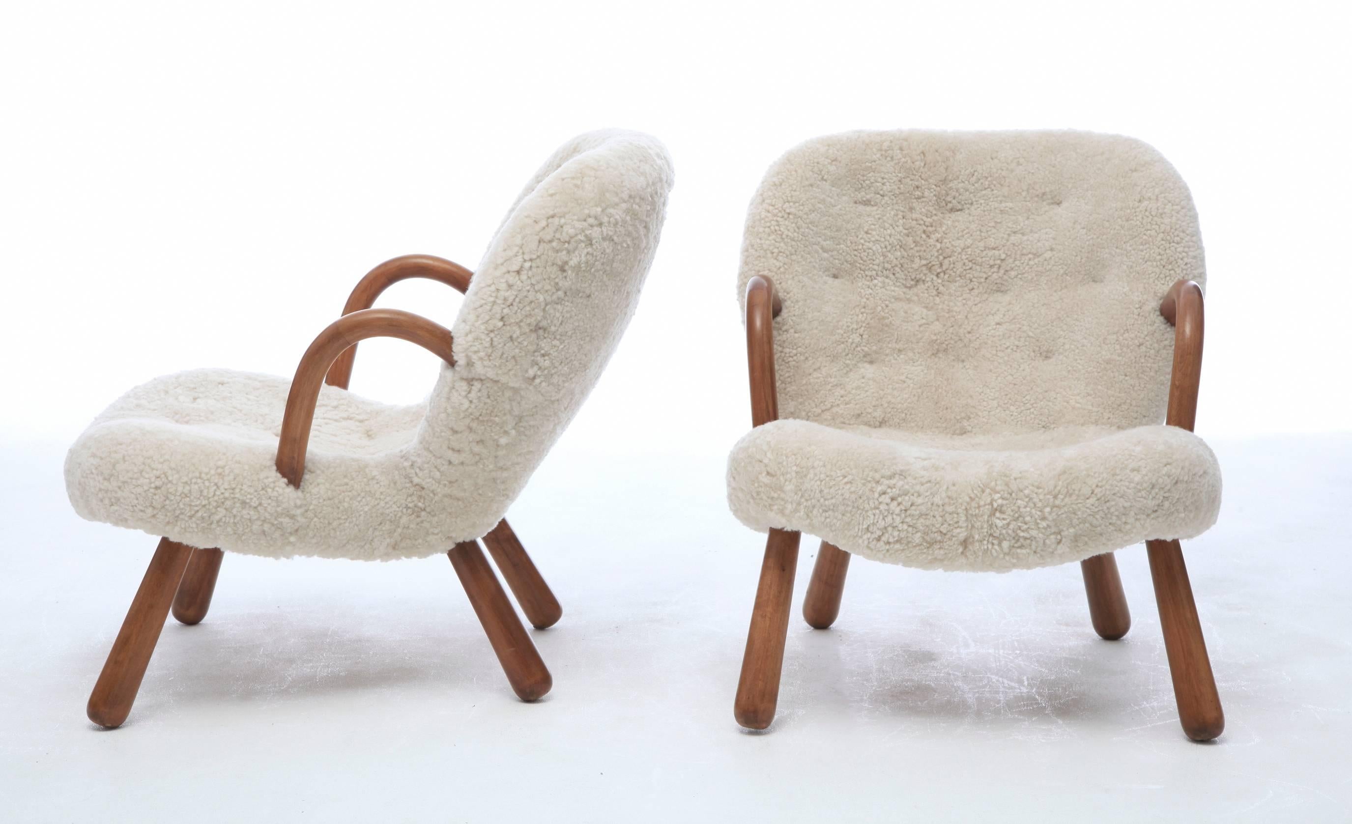 Danish Pair of 1940s Philip Arctander Clam Chairs in Sheepskin (free shipping)