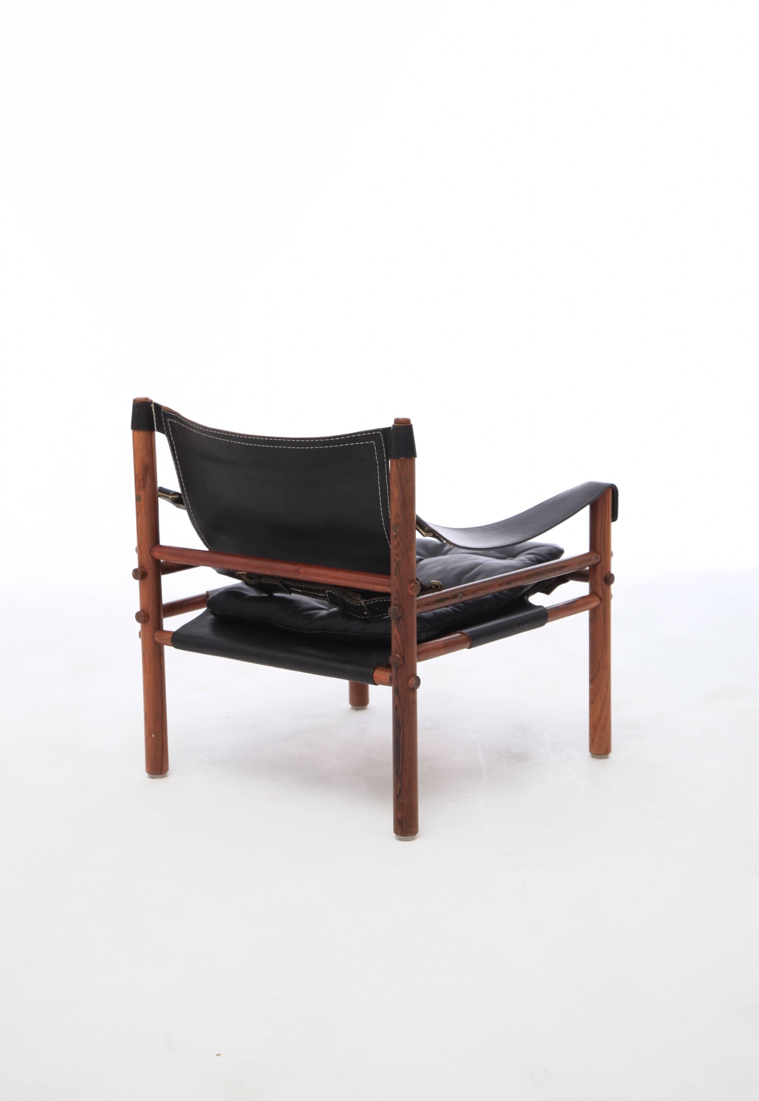 Swedish Arne Norell Black Leather and Rosewood Safari Sirocco Chair, Sweden, 1960s