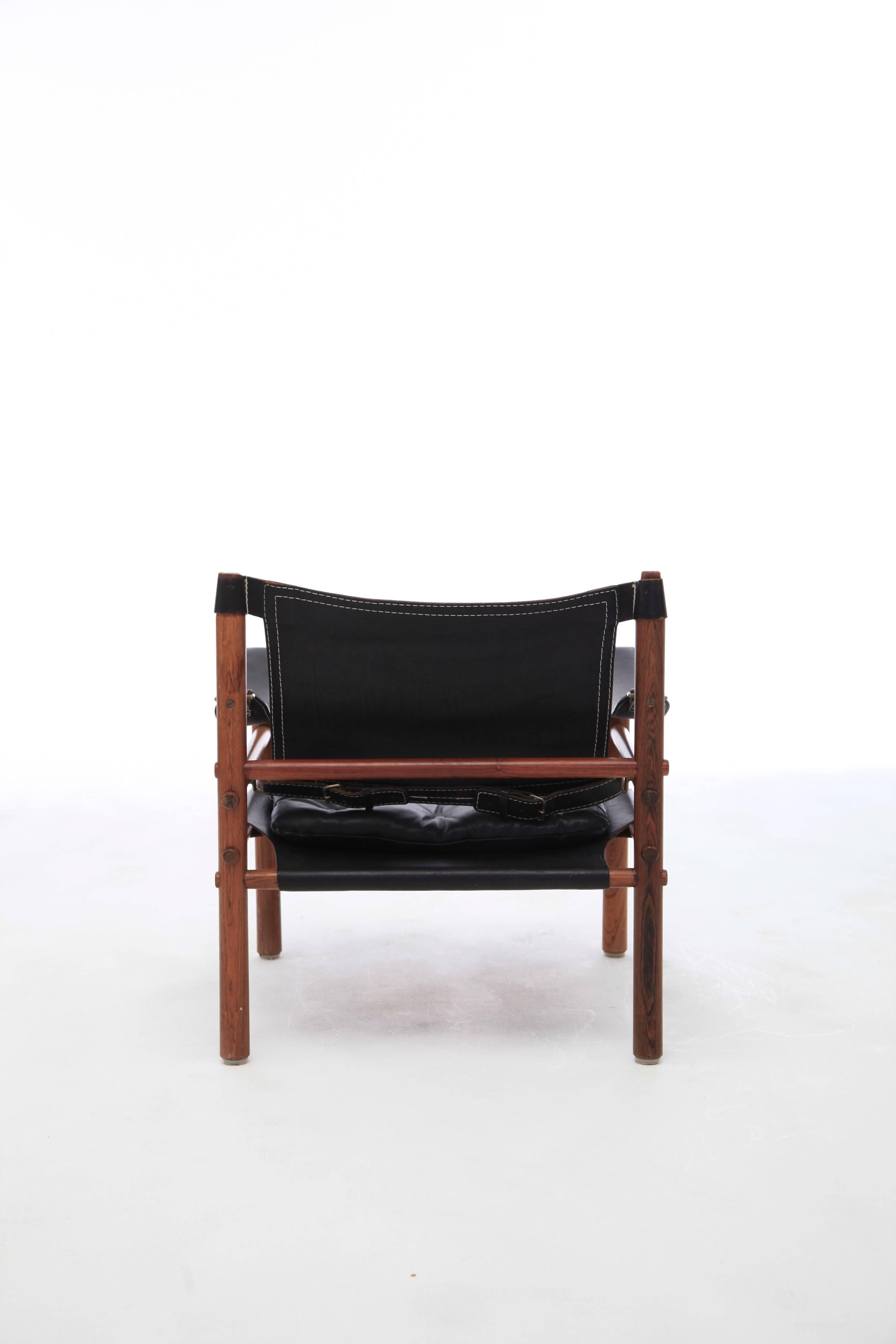 20th Century Arne Norell Black Leather and Rosewood Safari Sirocco Chair, Sweden, 1960s