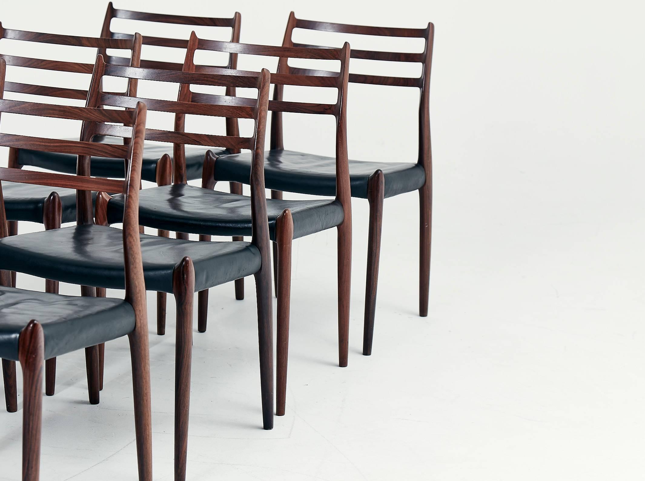 Leather Set of Eight Model 78 Rosewood Chairs by Niels O. Møller, Denmark, 1960s