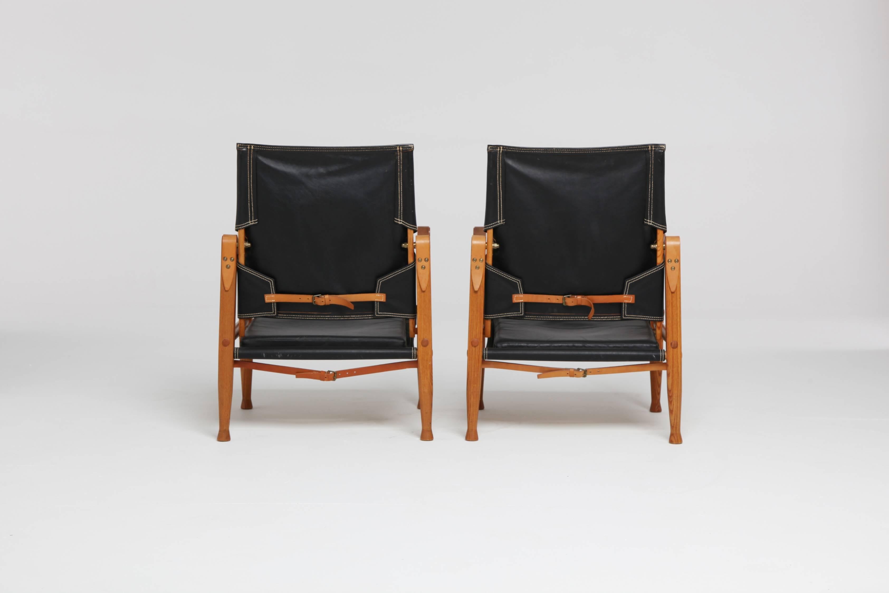 Leather Pair of Kaare Klint Safari Chairs, Made by Rud Rasmussen, Denmark