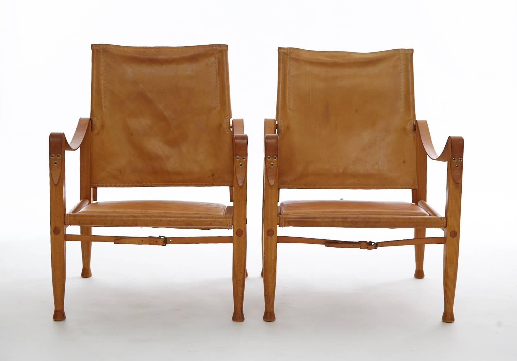 Pair of Kaare Klint Safari Chairs in Tan Leather, Made by Rud Rasmussen, Denmark 4