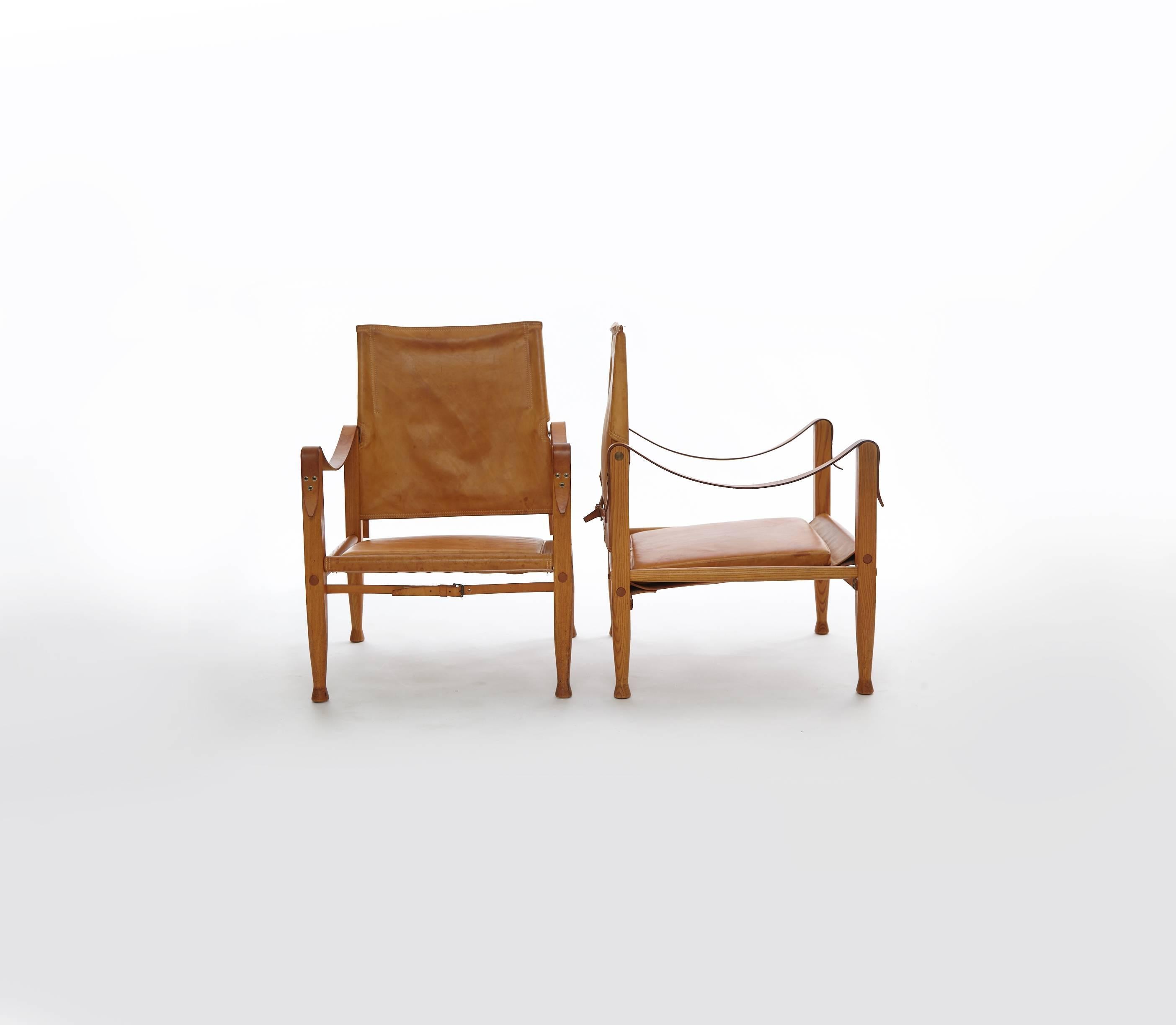 Pair of Kaare Klint Safari Chairs in Tan Leather, Made by Rud Rasmussen, Denmark 1