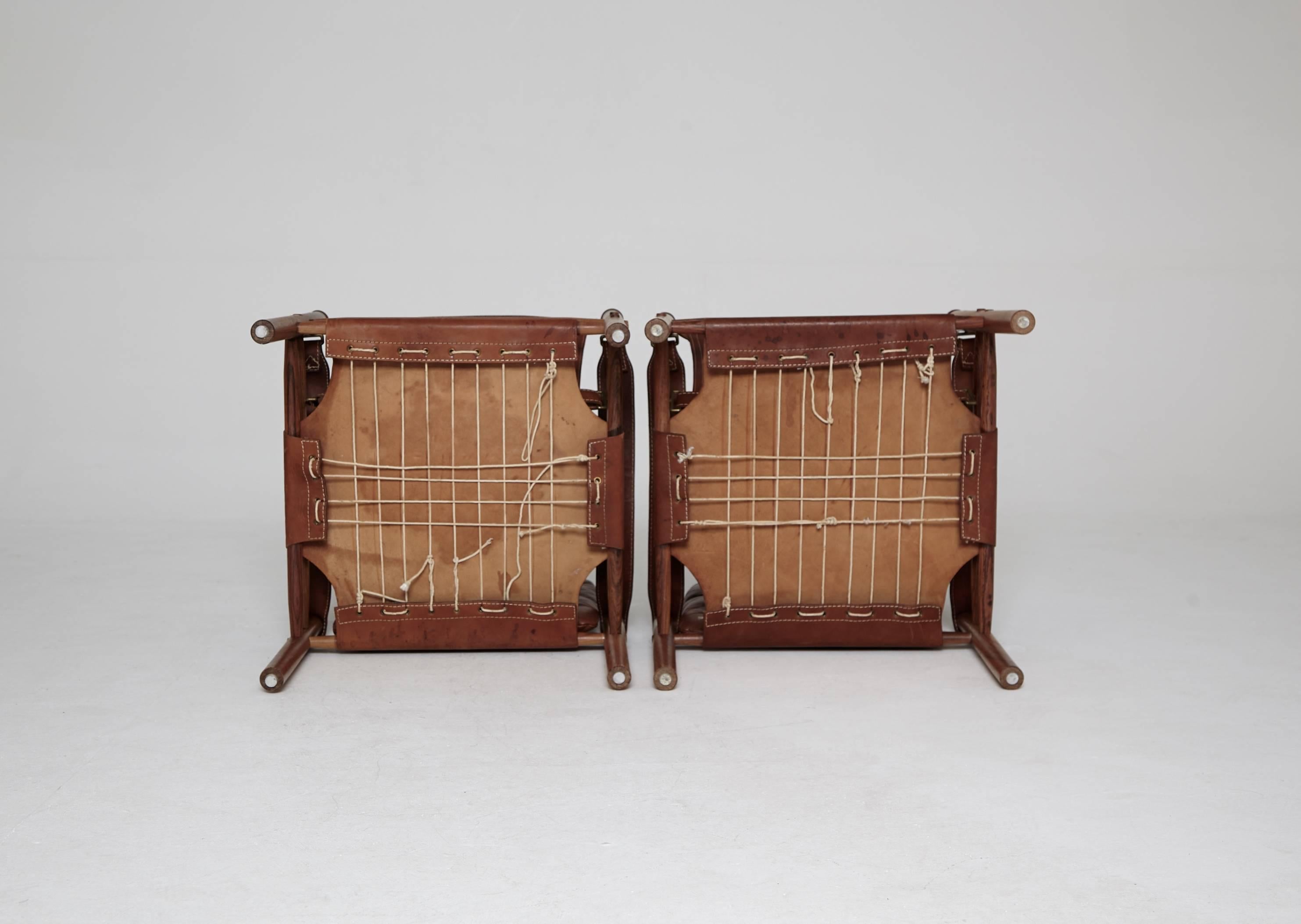 Swedish Arne Norell Rosewood and Brown Leather Safari Sirocco Chairs, Sweden, 1960s