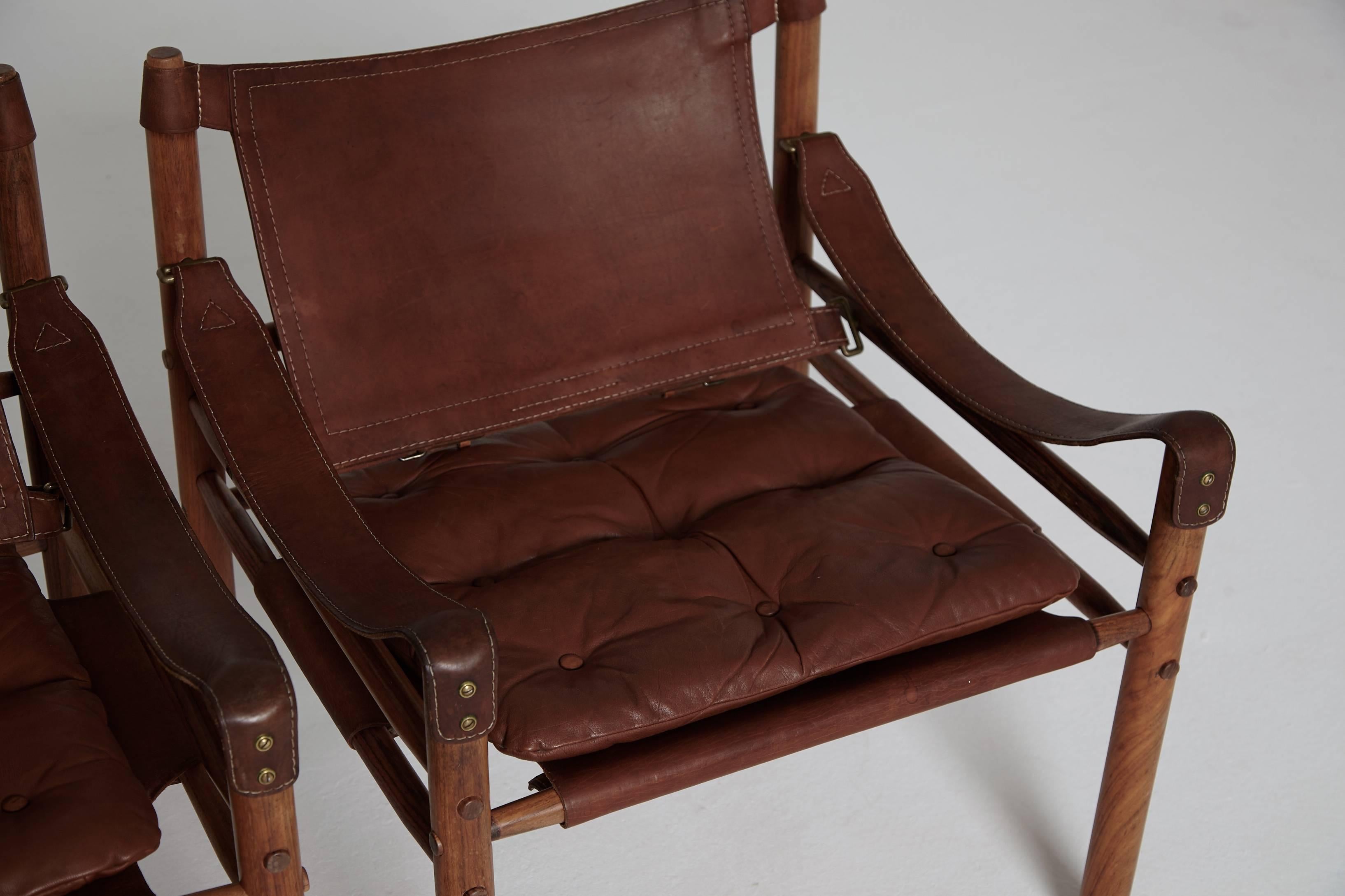20th Century Arne Norell Rosewood and Brown Leather Safari Sirocco Chairs, Sweden, 1960s